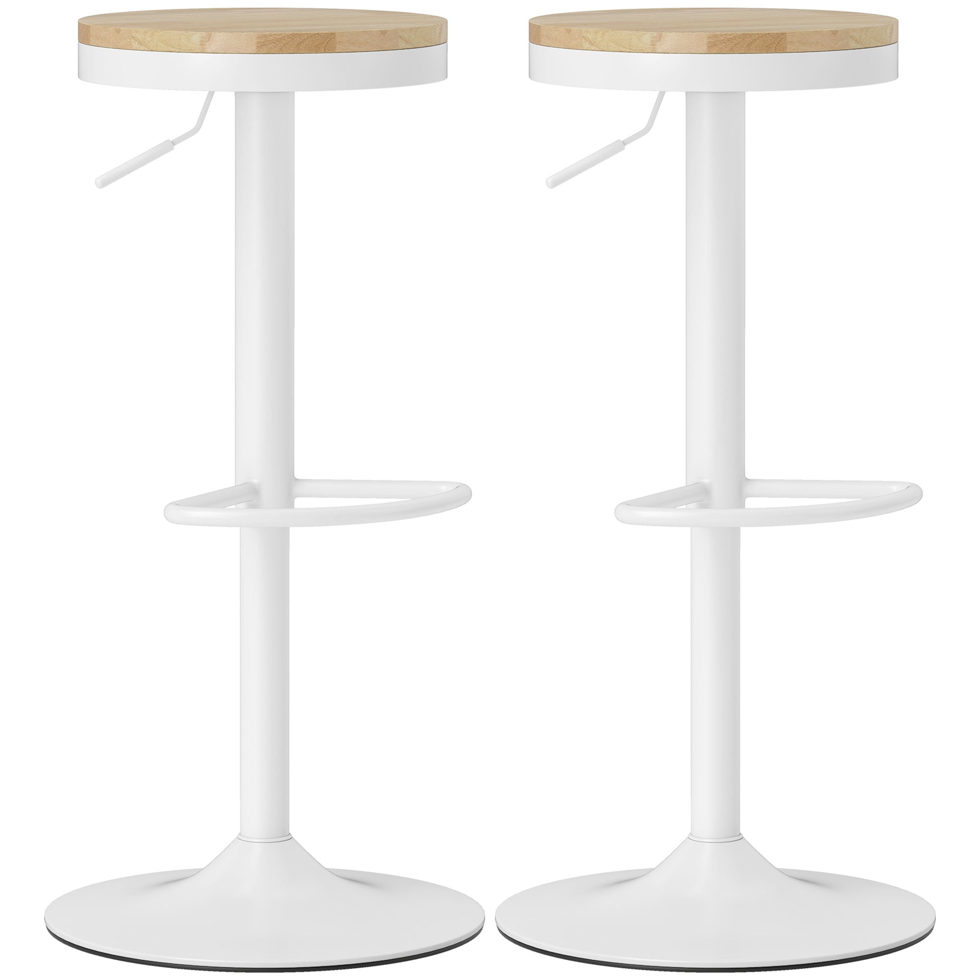 Set of 2 Adjustable 360° Swivel Bar Stools – Natural Wood Seat & White Steel Frame