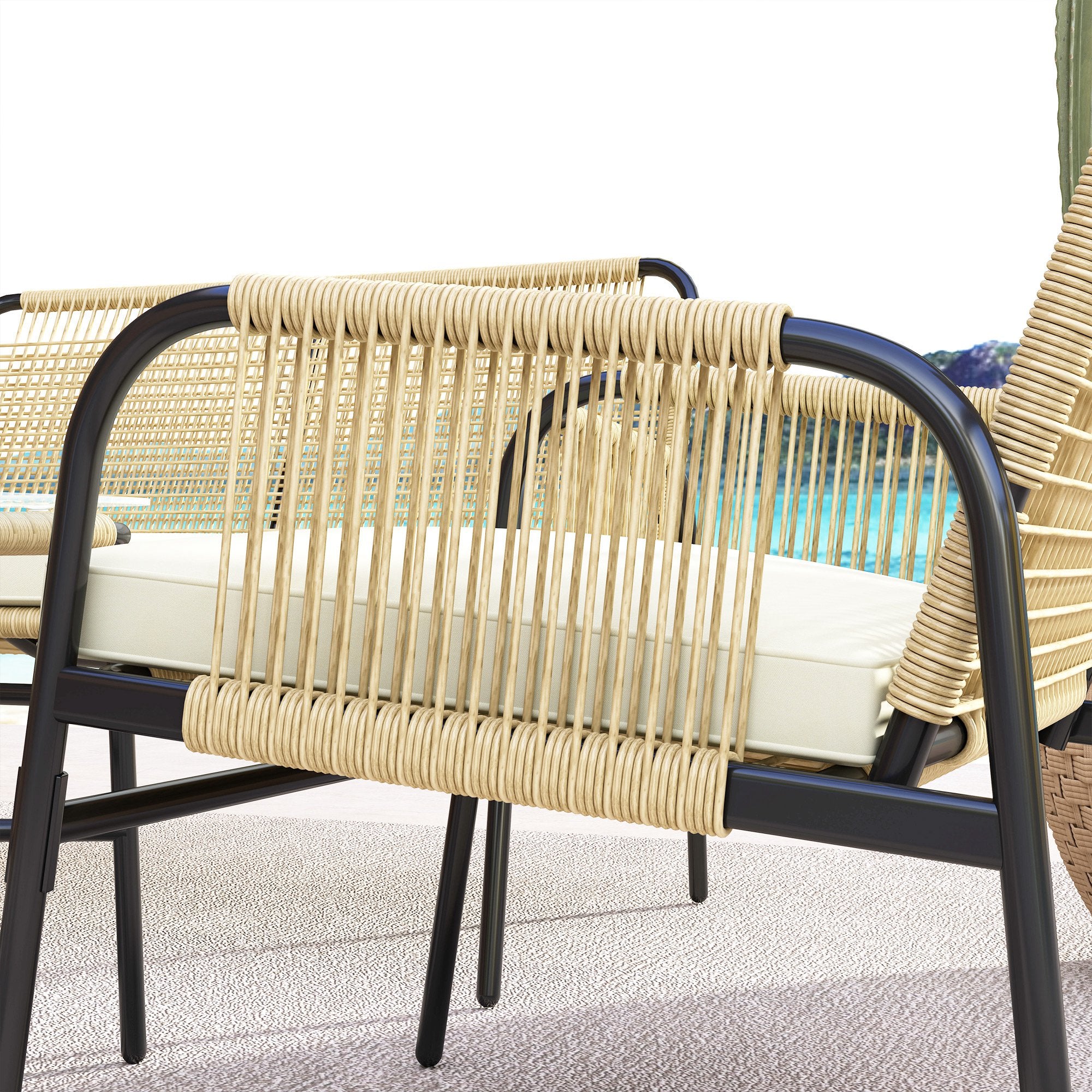 Synthetic Rattan Garden Set 4 Piece Outdoor Furniture Set with 2 Armchairs 1 Double Sofa 1 Glass Top Coffee Table with Cushions for Outdoor Natural and Black