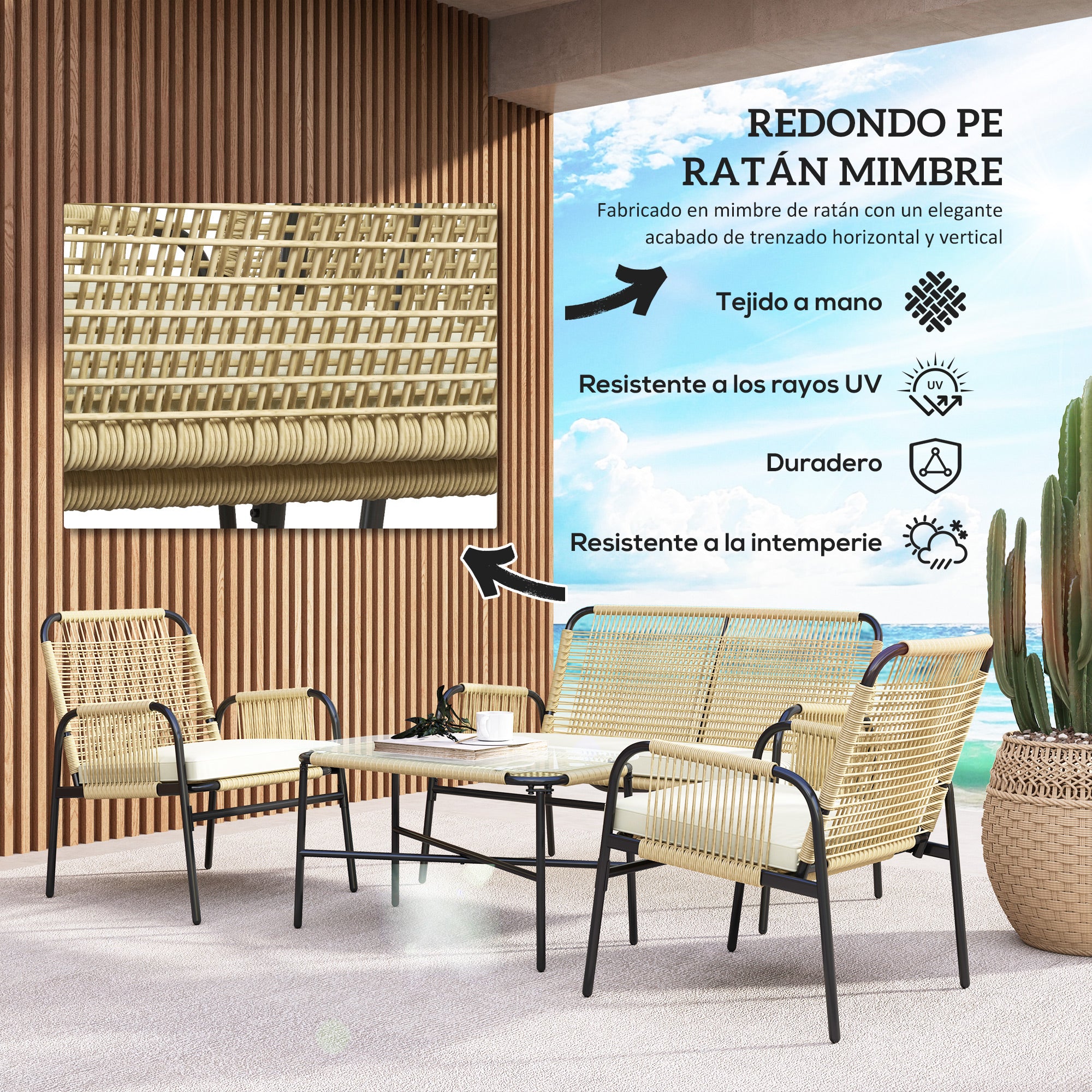 Synthetic Rattan Garden Set 4 Piece Outdoor Furniture Set with 2 Armchairs 1 Double Sofa 1 Glass Top Coffee Table with Cushions for Outdoor Natural and Black