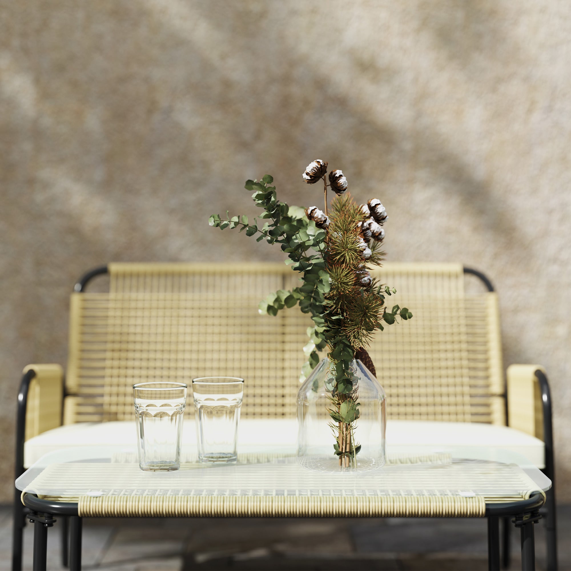 Synthetic Rattan Garden Set 4 Piece Outdoor Furniture Set with 2 Armchairs 1 Double Sofa 1 Glass Top Coffee Table with Cushions for Outdoor Natural and Black