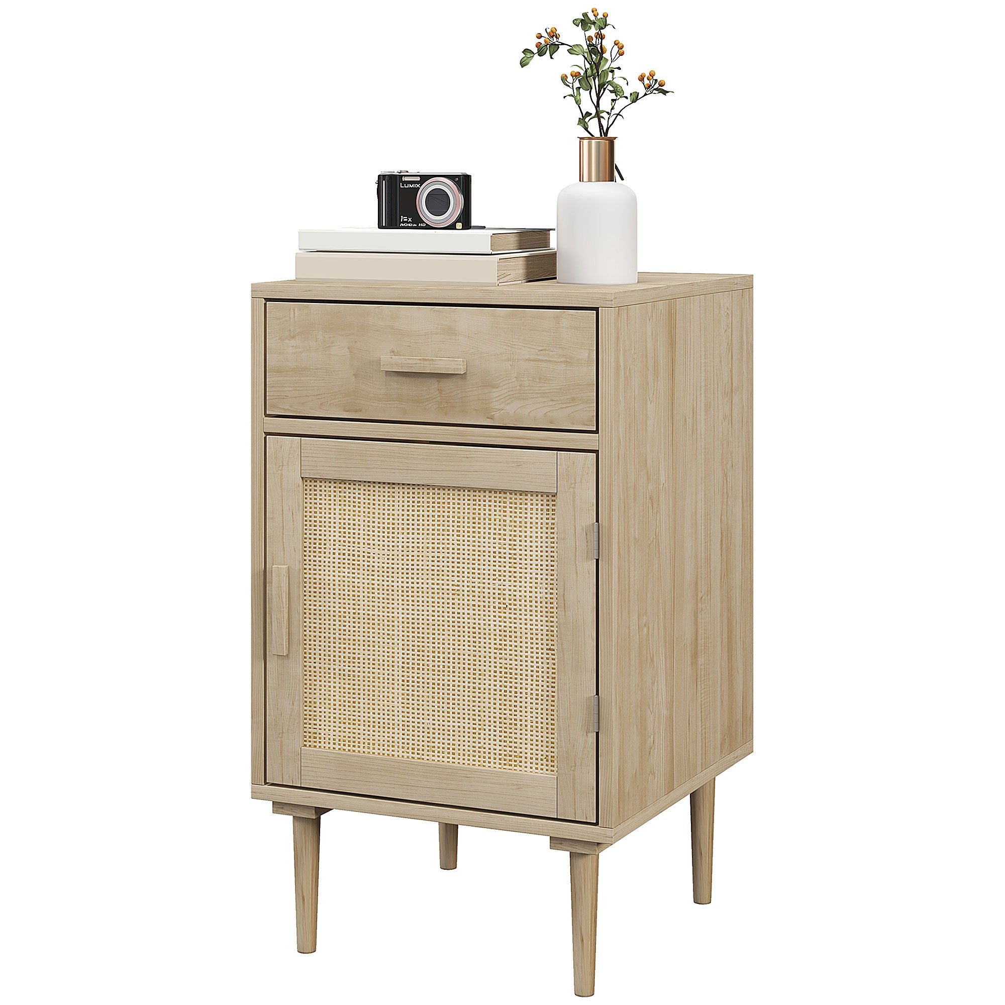 Bedside Table Side Table with Woven Rattan Door Cupboard and Shelf + 1 Drawer Bohemian Design - 40 x 40 x 68.5 cm Natural
