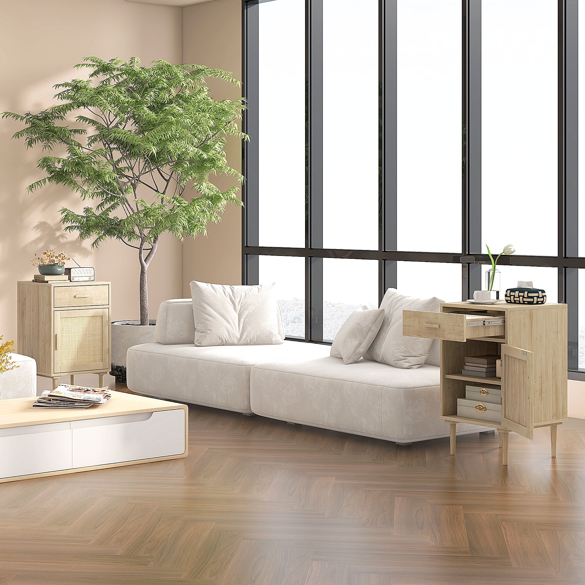 Bedside Table Side Table with Woven Rattan Door Cupboard and Shelf + 1 Drawer Bohemian Design - 40 x 40 x 68.5 cm Natural