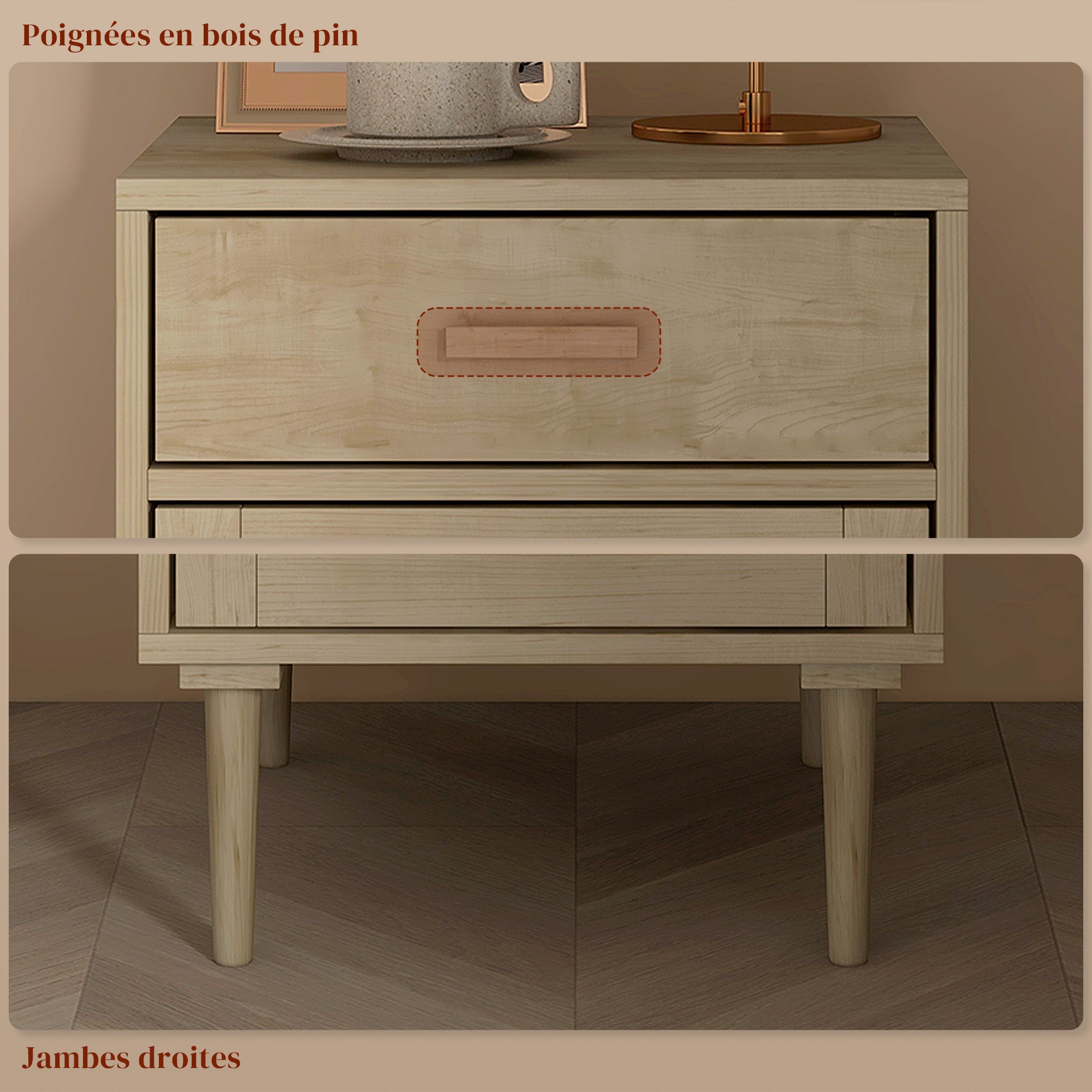 Bedside Table Side Table with Woven Rattan Door Cupboard and Shelf + 1 Drawer Bohemian Design - 40 x 40 x 68.5 cm Natural