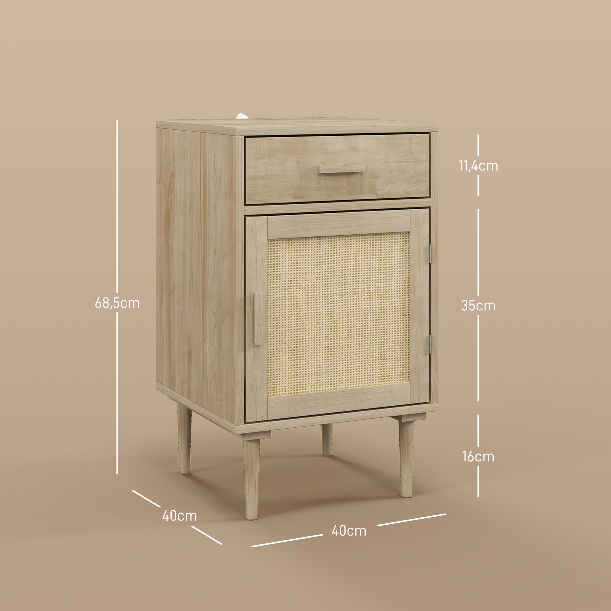 Bedside Table Side Table with Woven Rattan Door Cupboard and Shelf + 1 Drawer Bohemian Design - 40 x 40 x 68.5 cm Natural