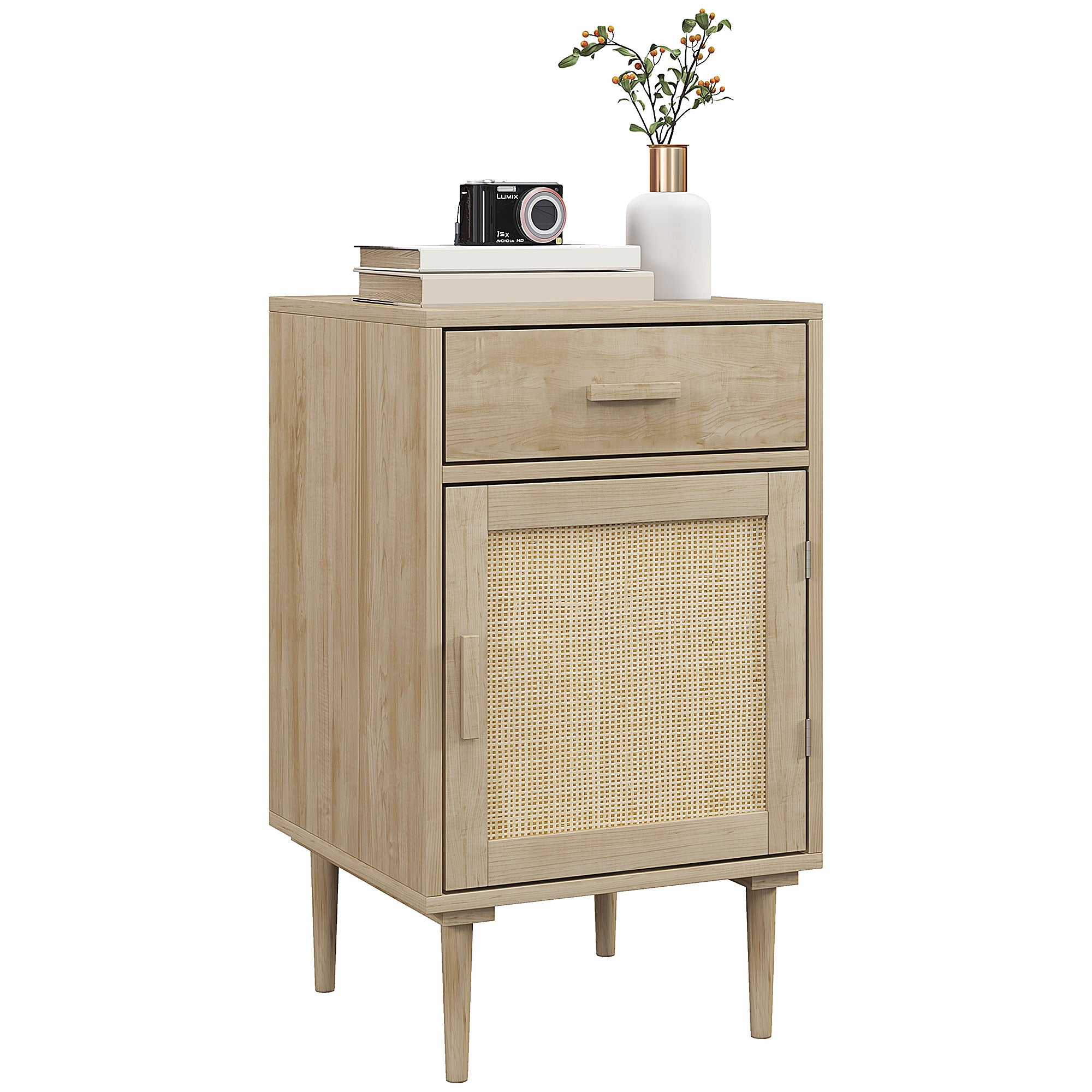 Bedside Table Side Table with Woven Rattan Door Cupboard and Shelf + 1 Drawer Bohemian Design - 40 x 40 x 68.5 cm Natural