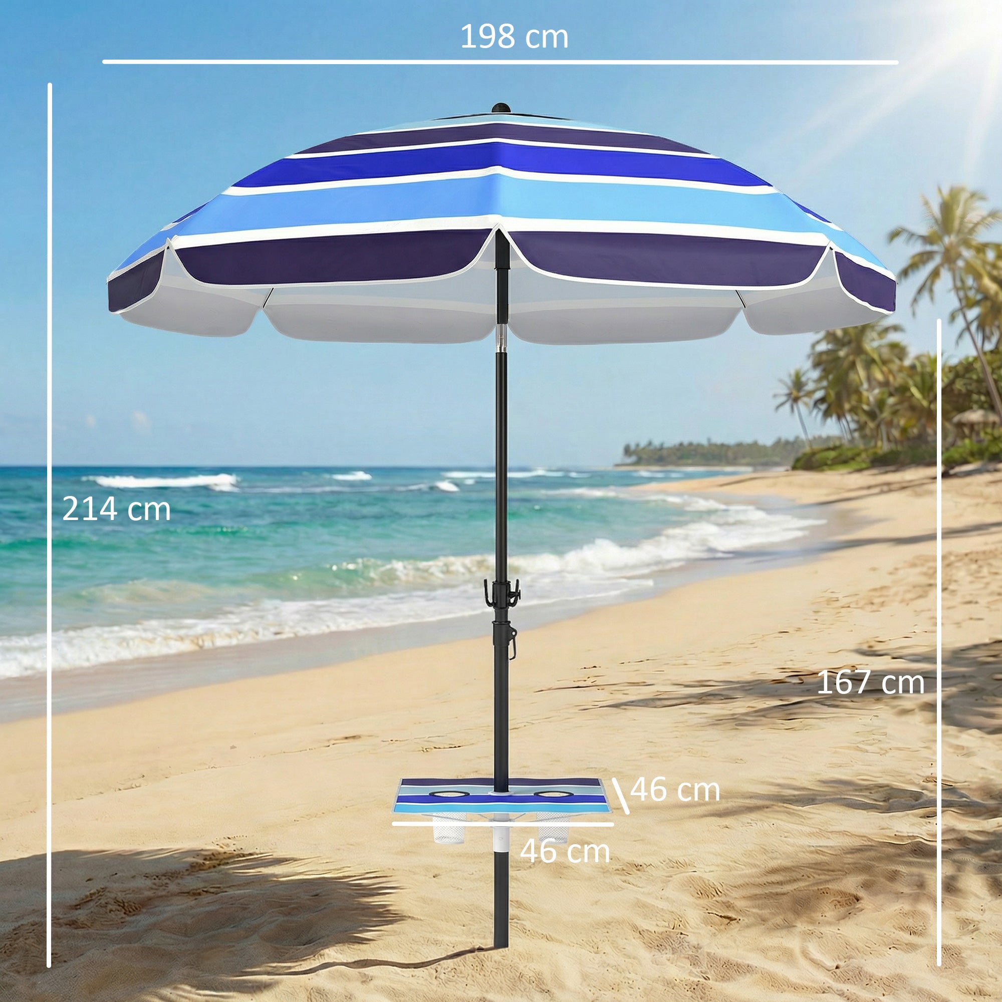 Beach Umbrella Ø78 in (198 cm) UV30+ with Foldable Table & Drink Holders, Adjustable Tilt, Balcony/Travel Parasol with Carry Bag — Multicolor/Black