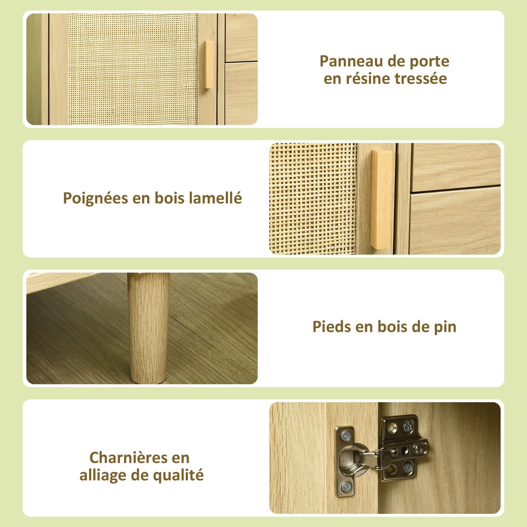 Rattan Buffet Storage Cabinet with Cane Door Cupboards and 4 Drawers, Dining Room, Living Room, Bedroom, 80 x 38 x 80.5 cm, Natural Wood Effect