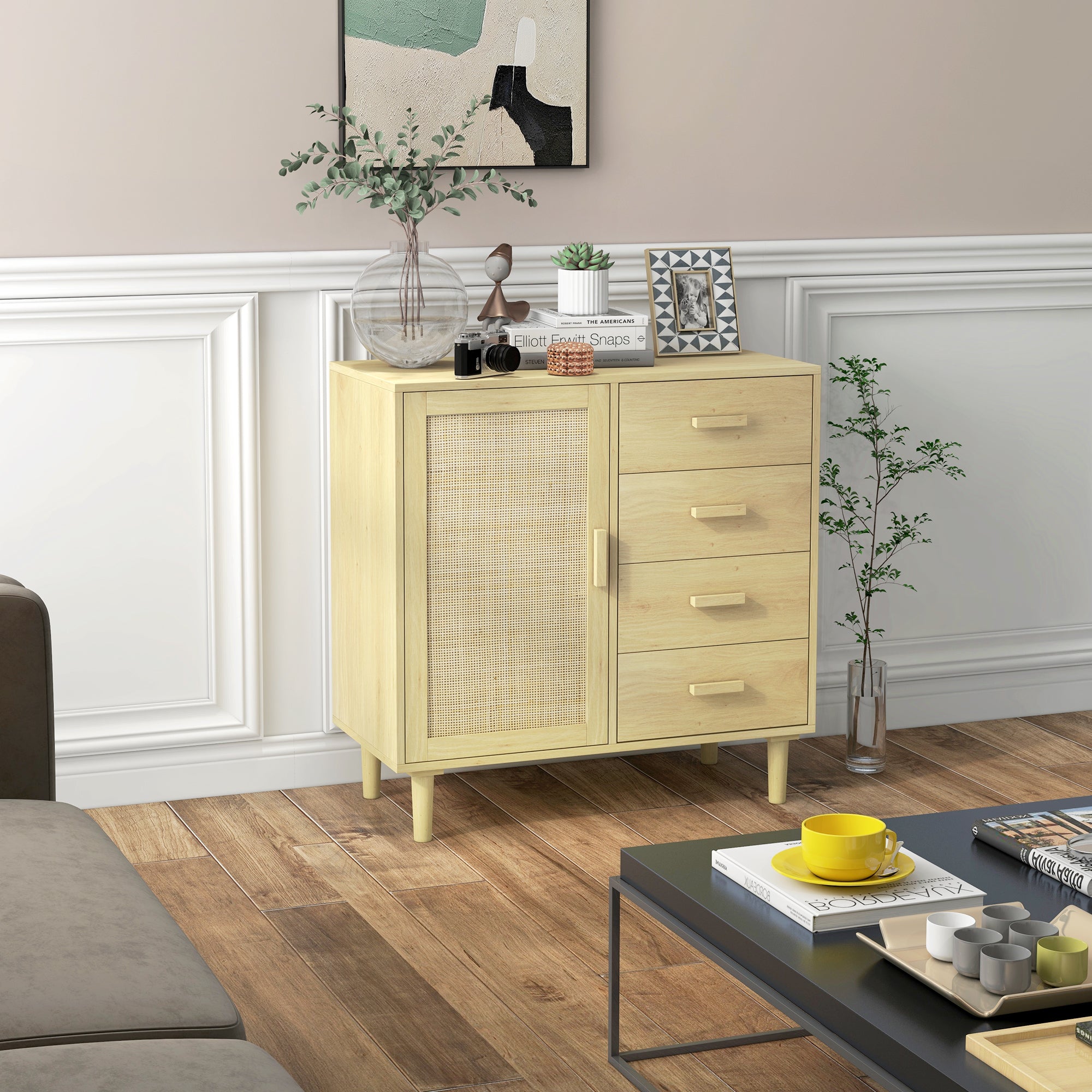 Rattan Buffet Storage Cabinet with Cane Door Cupboards and 4 Drawers, Dining Room, Living Room, Bedroom, 80 x 38 x 80.5 cm, Natural Wood Effect