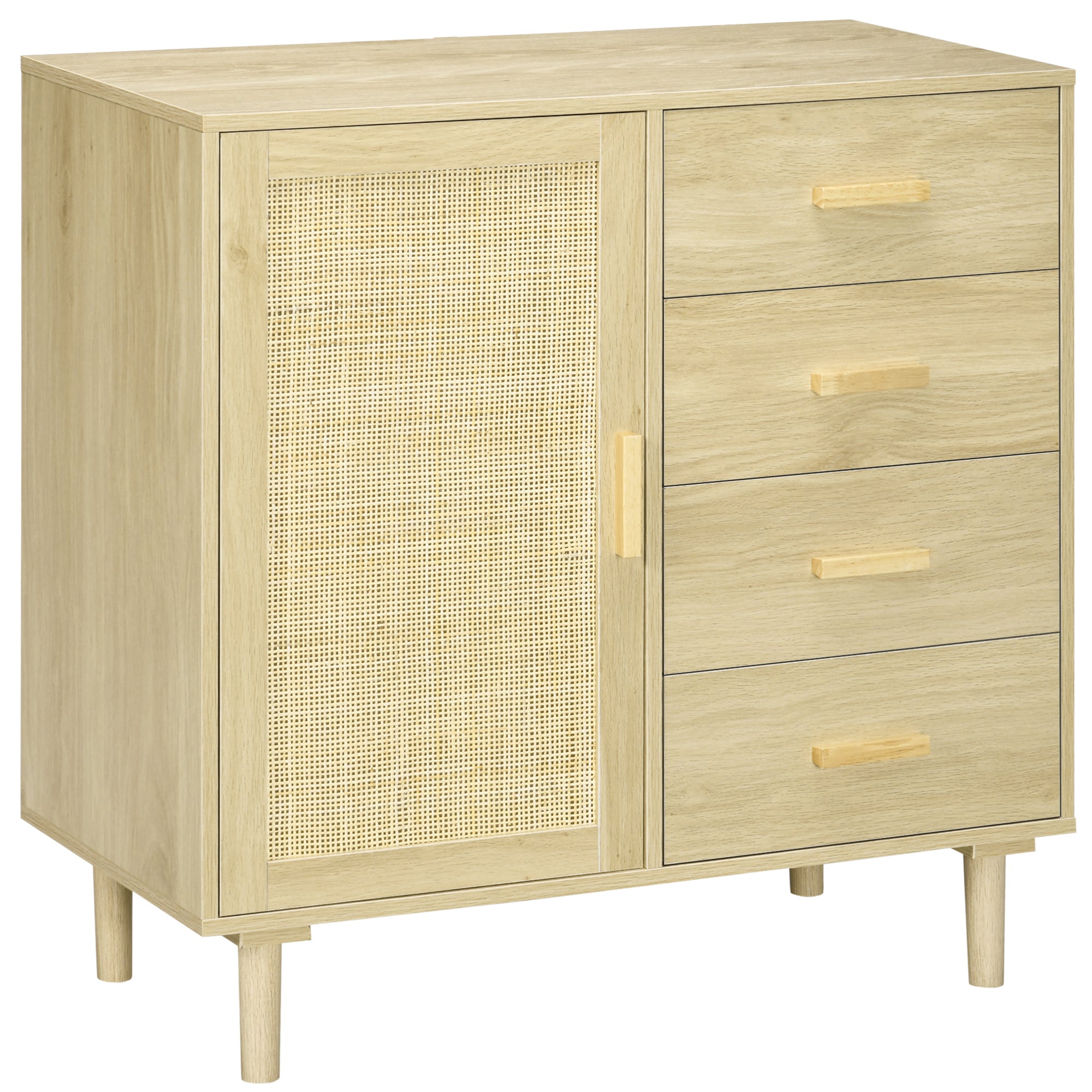 Rattan Buffet Storage Cabinet with Cane Door Cupboards and 4 Drawers, Dining Room, Living Room, Bedroom, 80 x 38 x 80.5 cm, Natural Wood Effect