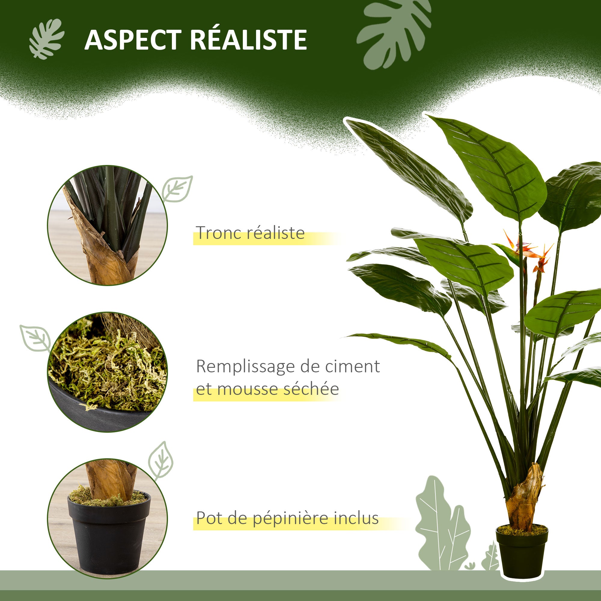 Artificial Bird of Paradise Strelitzia Plant Height 1.80 m - 13 Leaves and 2 Flowers High Realism Pot Included