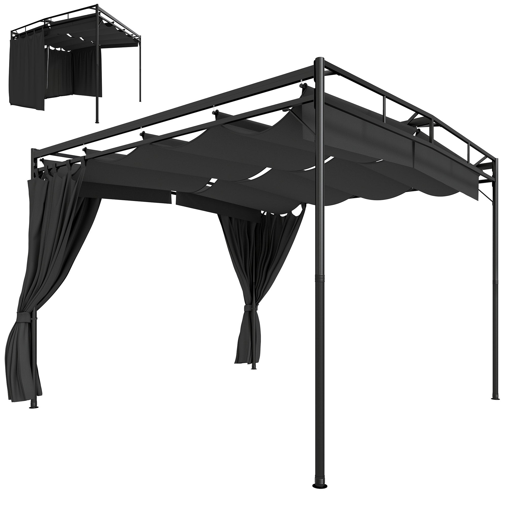 Pergola Gazebo 3 x 3 m (10 x 10 ft) — Water-Resistant Retractable Canopy with Curtains, Freestanding Garden Pavilion, Stable Patio Cover, Dark Gray