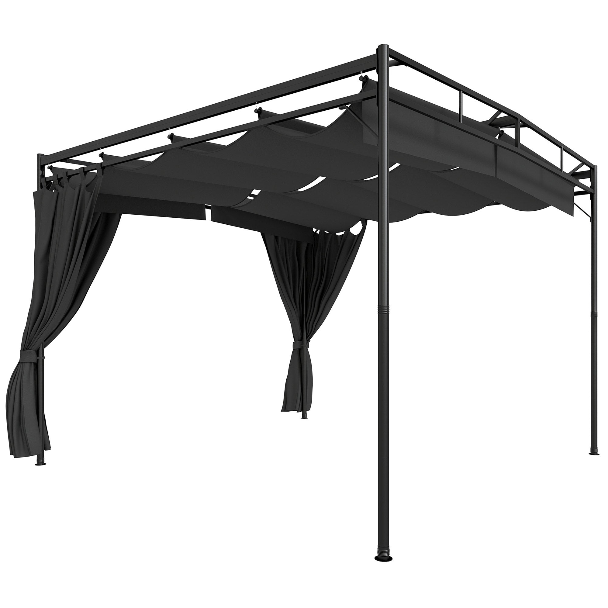 Pergola Gazebo 3 x 3 m (10 x 10 ft) — Water-Resistant Retractable Canopy with Curtains, Freestanding Garden Pavilion, Stable Patio Cover, Dark Gray