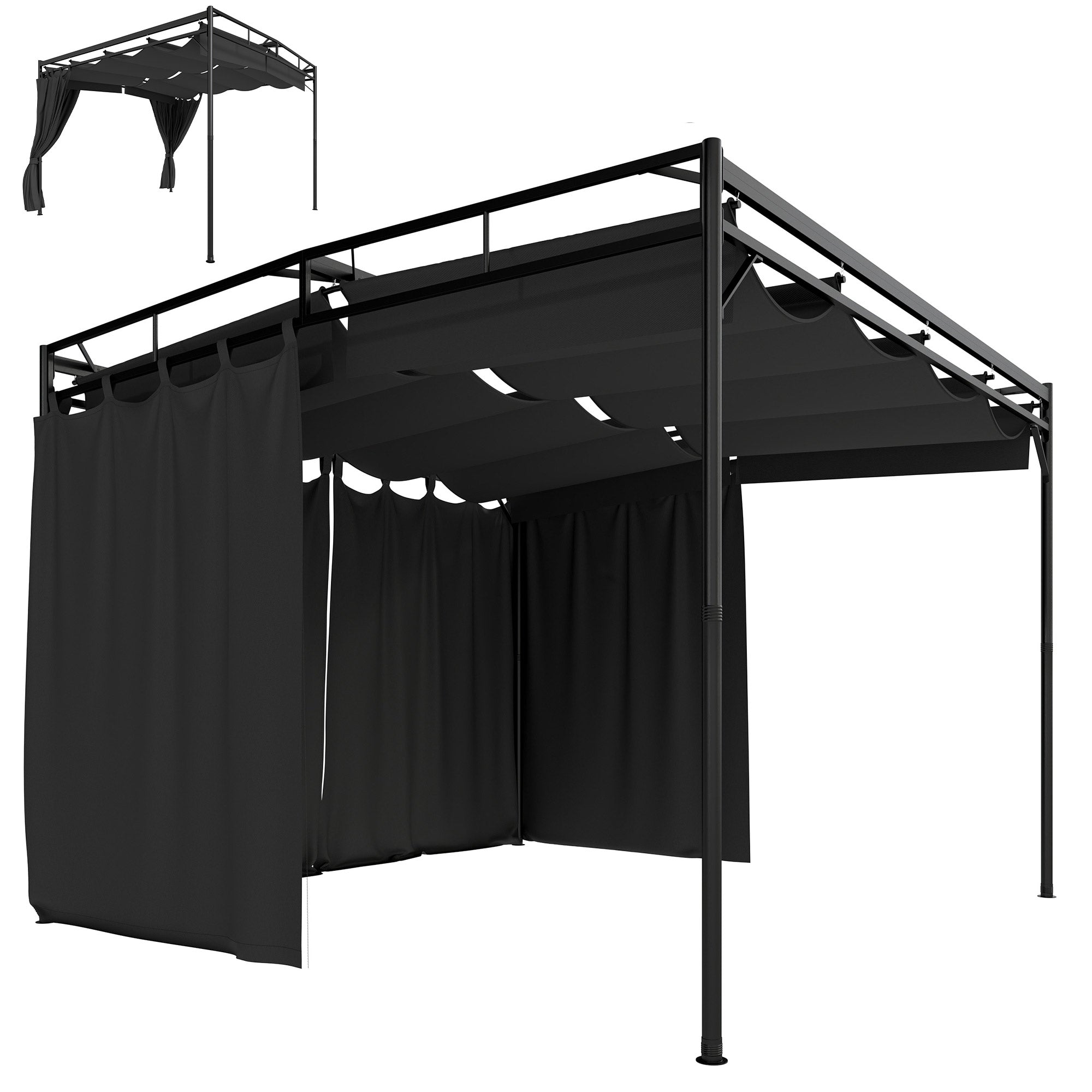 Pergola Gazebo 3 x 3 m (10 x 10 ft) — Water-Resistant Retractable Canopy with Curtains, Freestanding Garden Pavilion, Stable Patio Cover, Dark Gray