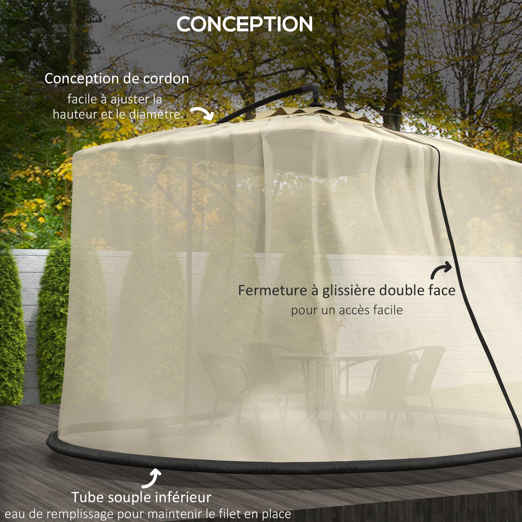 Cylindrical Mosquito Net for 3m Diameter Parasol with Zipper and Weighting in Beige