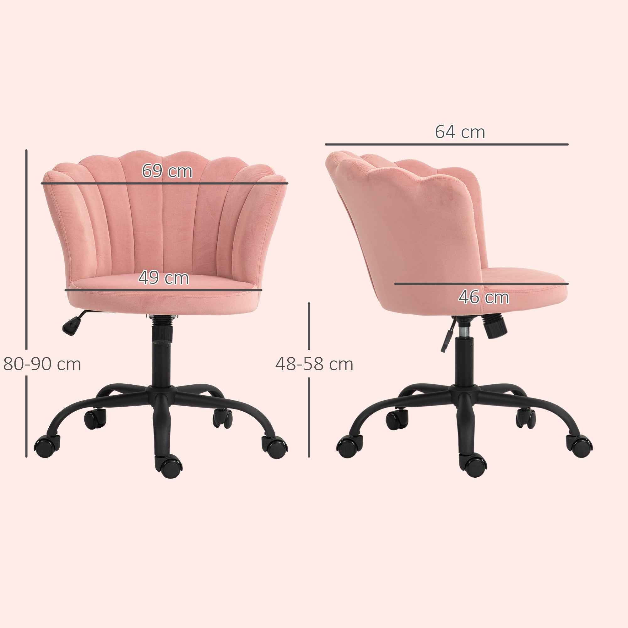 Petal Back Office Chair, Armless Office Chair with Adjustable Height, Velvet Swivel Seat and Wheels, 69x64x80-90 cm, Pink
