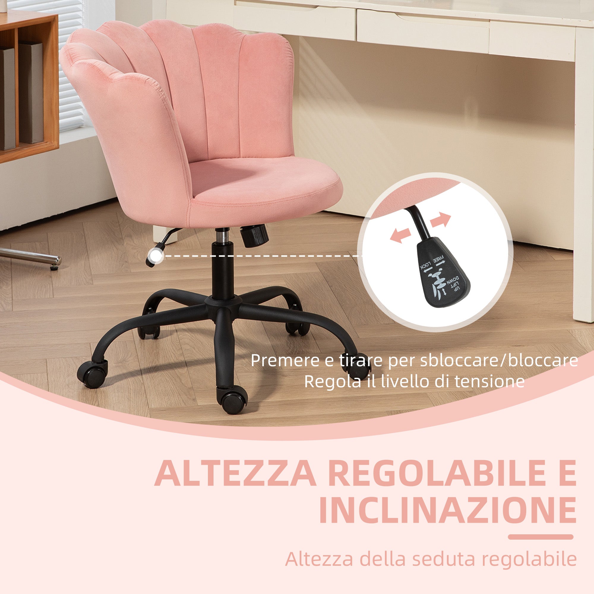 Petal Back Office Chair, Armless Office Chair with Adjustable Height, Velvet Swivel Seat and Wheels, 69x64x80-90 cm, Pink