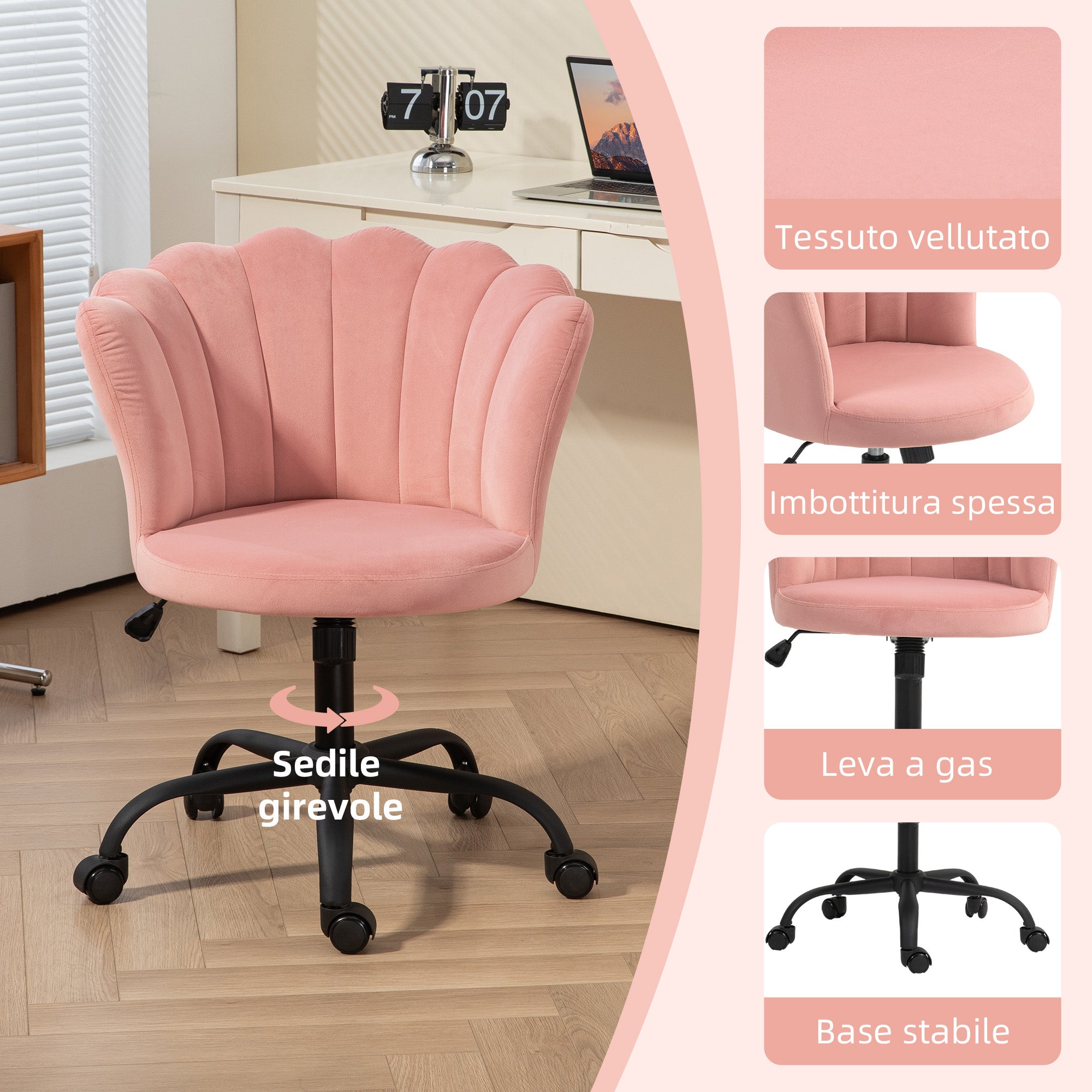 Petal Back Office Chair, Armless Office Chair with Adjustable Height, Velvet Swivel Seat and Wheels, 69x64x80-90 cm, Pink