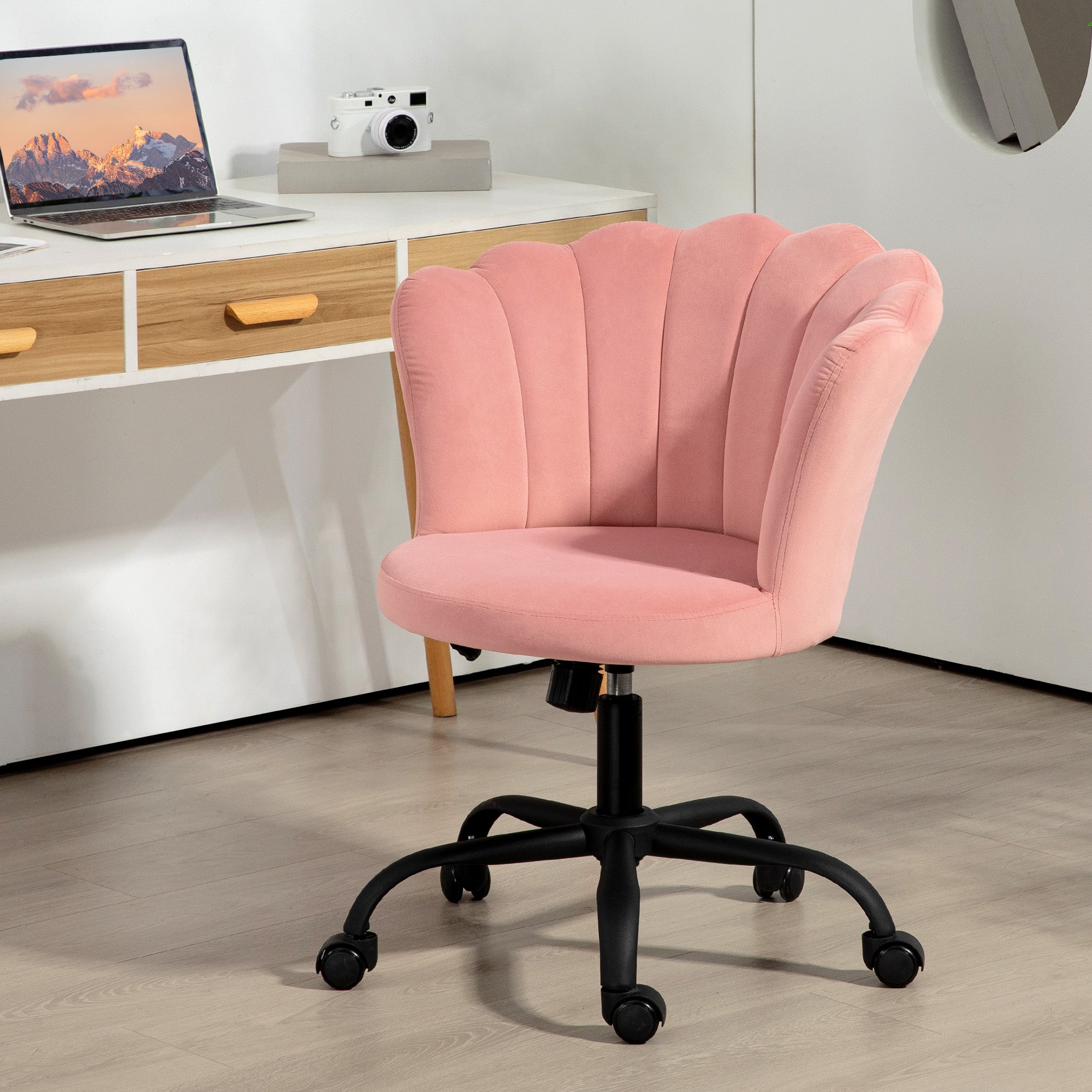 Petal Back Office Chair, Armless Office Chair with Adjustable Height, Velvet Swivel Seat and Wheels, 69x64x80-90 cm, Pink