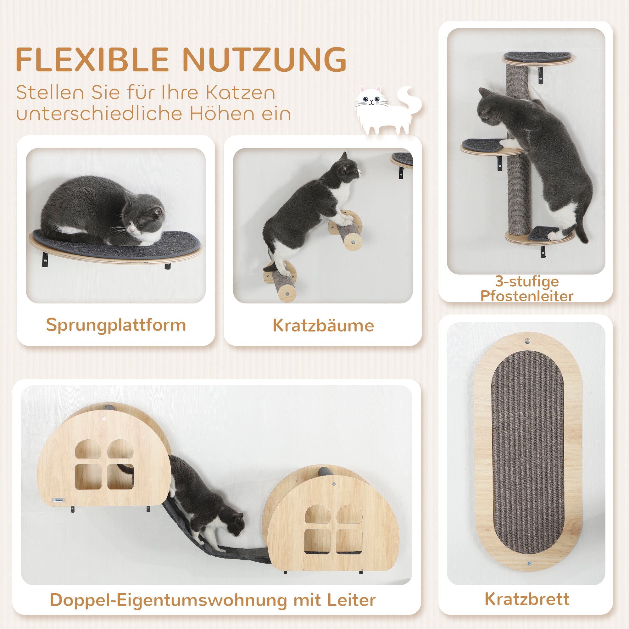 Cat Climbing Wall 7-Piece Cat Climbing Wall Set with Sisal Post Ladder, Platform, Scratching Post with Scratching Board, Cave, Cat Furniture for Cats up to 5 kg, Gray+Oak