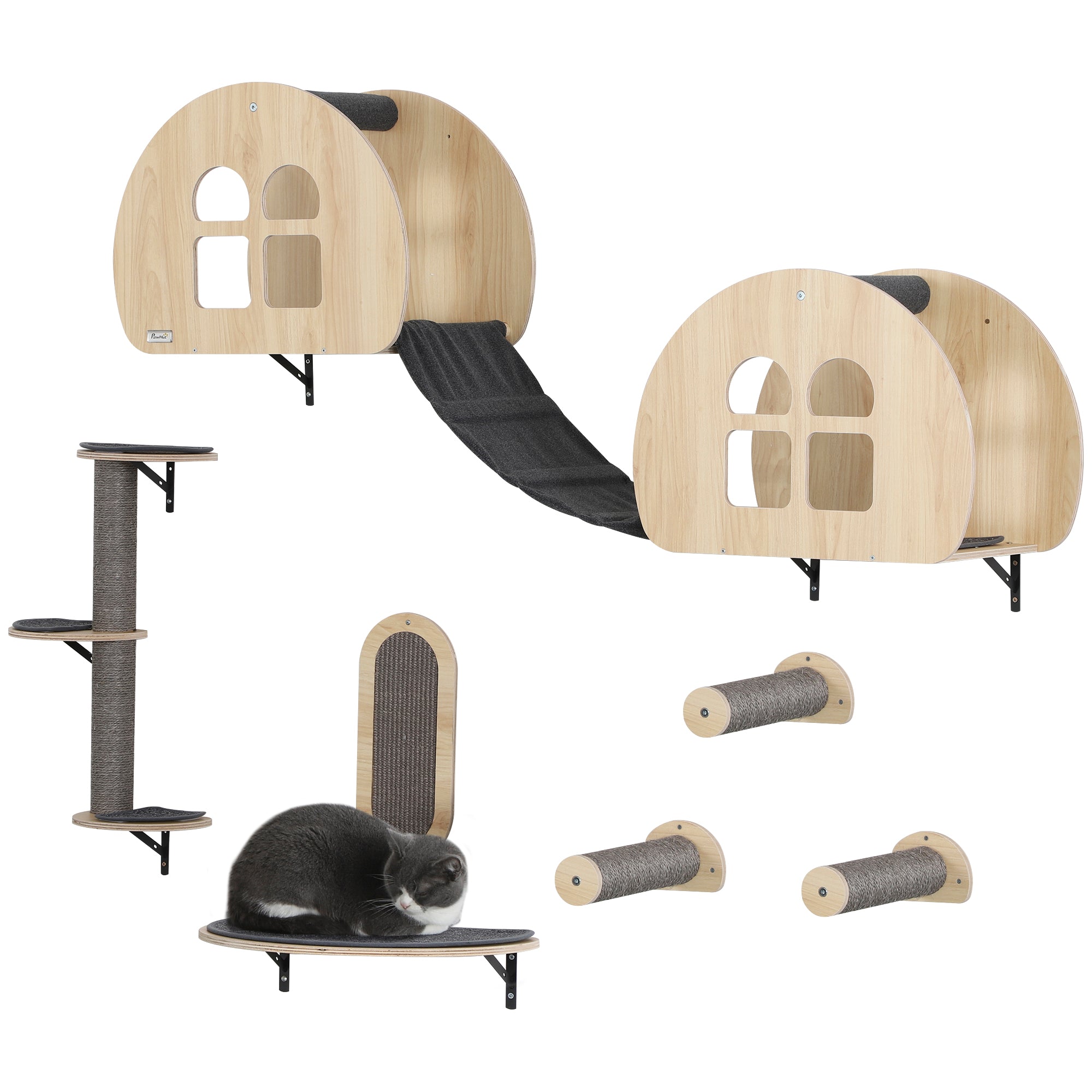 Cat Climbing Wall 7-Piece Cat Climbing Wall Set with Sisal Post Ladder, Platform, Scratching Post with Scratching Board, Cave, Cat Furniture for Cats up to 5 kg, Gray+Oak