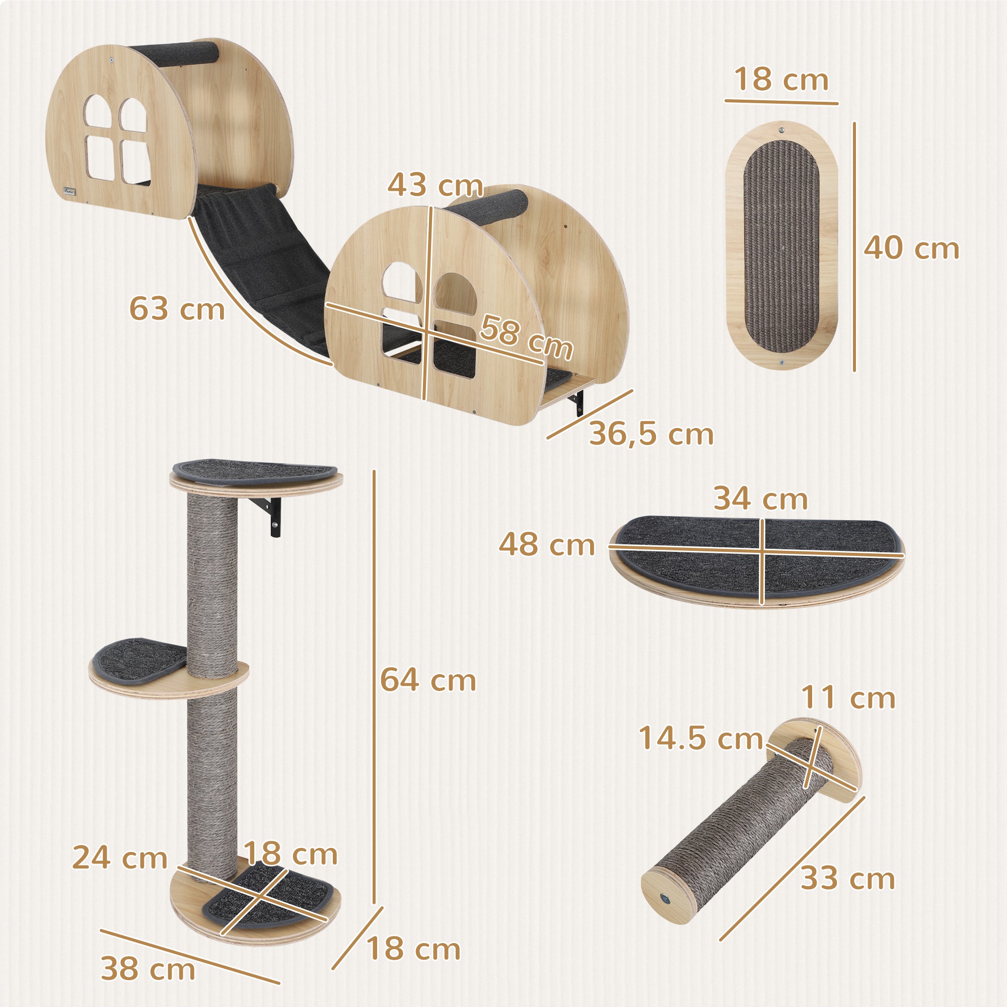 Cat Climbing Wall 7-Piece Cat Climbing Wall Set with Sisal Post Ladder, Platform, Scratching Post with Scratching Board, Cave, Cat Furniture for Cats up to 5 kg, Gray+Oak