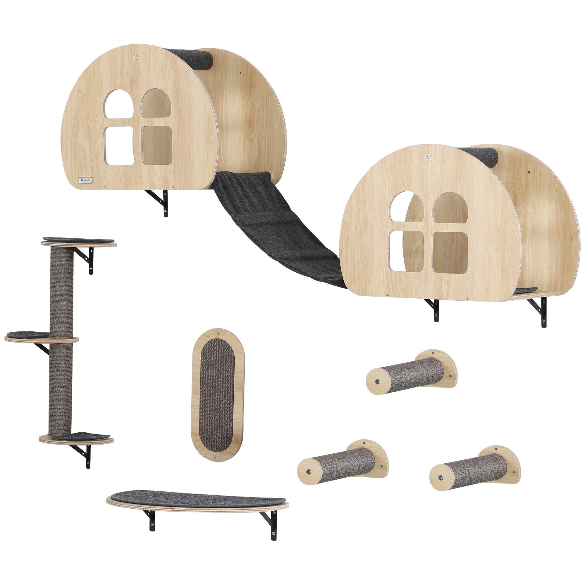 Cat Climbing Wall 7-Piece Cat Climbing Wall Set with Sisal Post Ladder, Platform, Scratching Post with Scratching Board, Cave, Cat Furniture for Cats up to 5 kg, Gray+Oak