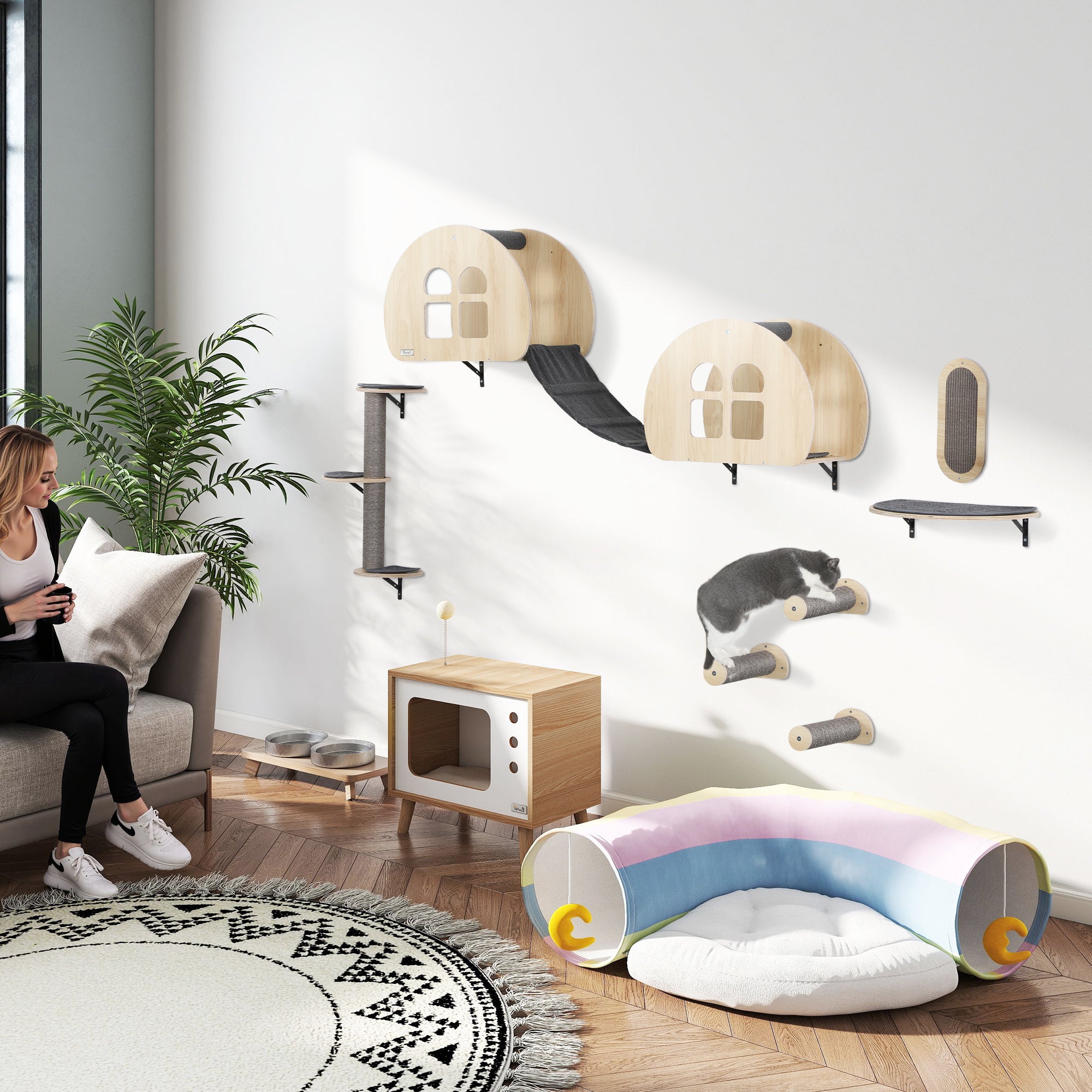 Cat Climbing Wall 7-Piece Cat Climbing Wall Set with Sisal Post Ladder, Platform, Scratching Post with Scratching Board, Cave, Cat Furniture for Cats up to 5 kg, Gray+Oak