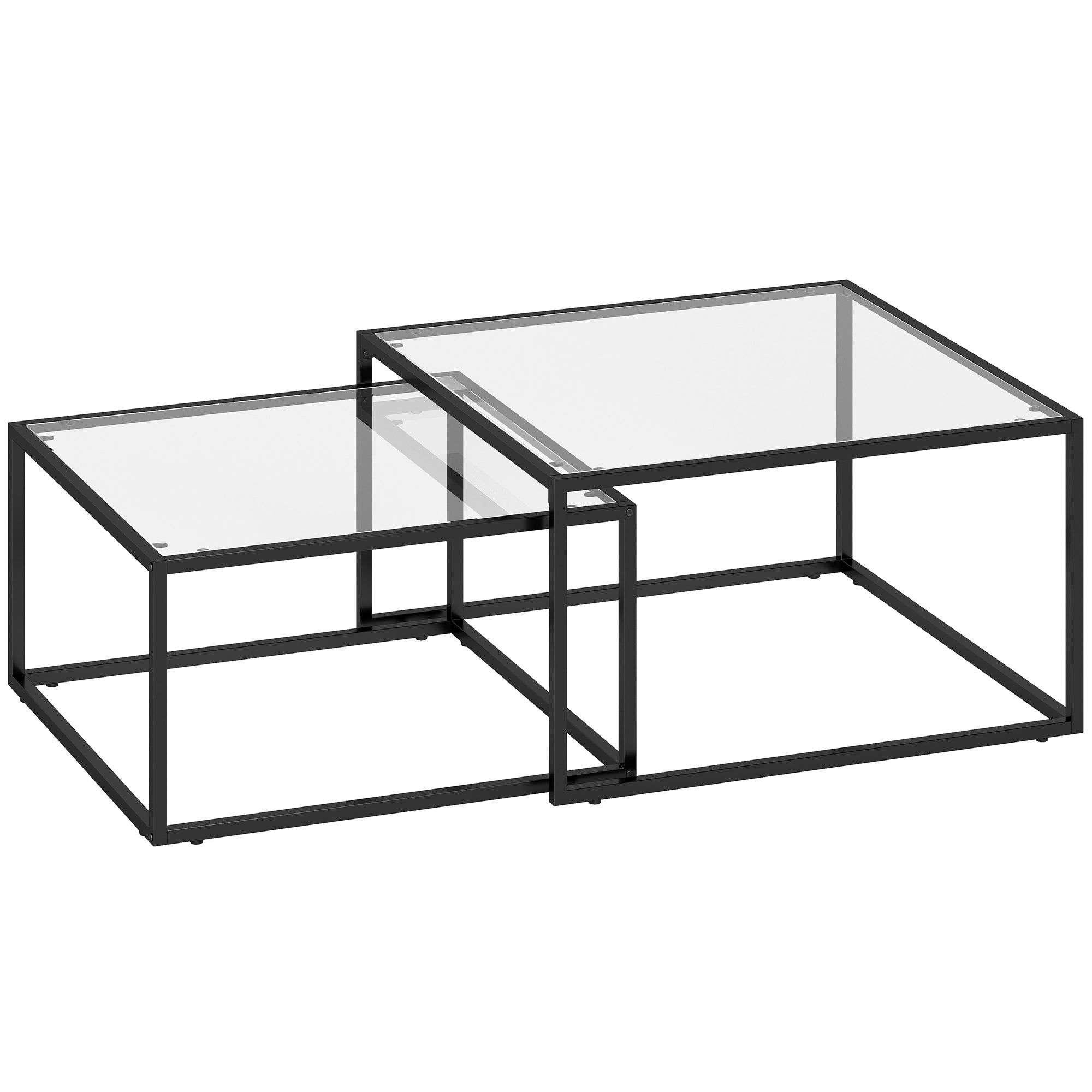 2-Piece Square Nesting Coffee Tables with Tempered Glass Tops & Metal Frame, Space-Saving Black — Large: 29.5 x 29.5 x 16.5 in; Small: 25.6 x 25.6 x 14.2 in