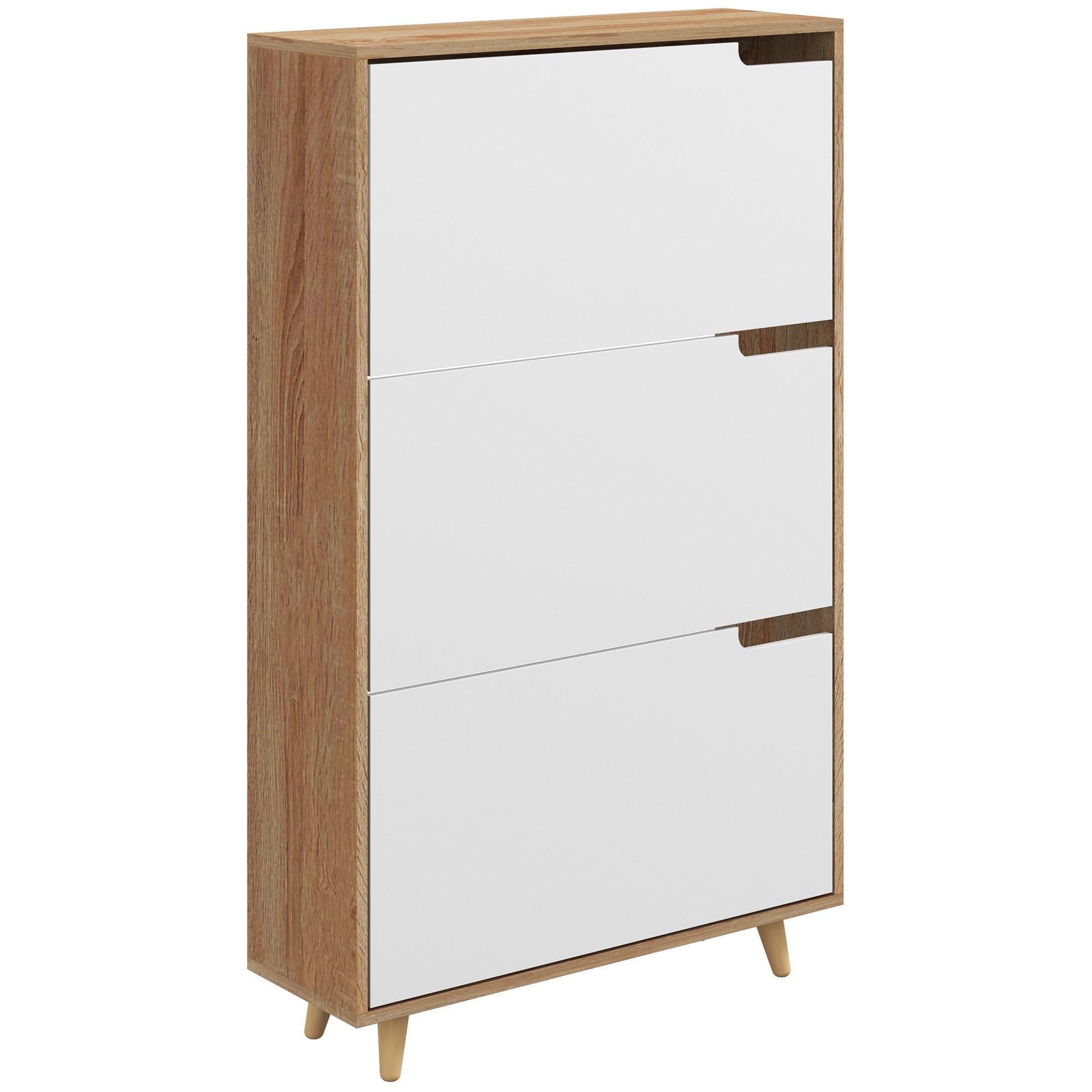 3-Door Shoe Cabinet, Shoe Rack with Adjustable Shelf, 72W x 24D x 119H cm, Natural and White