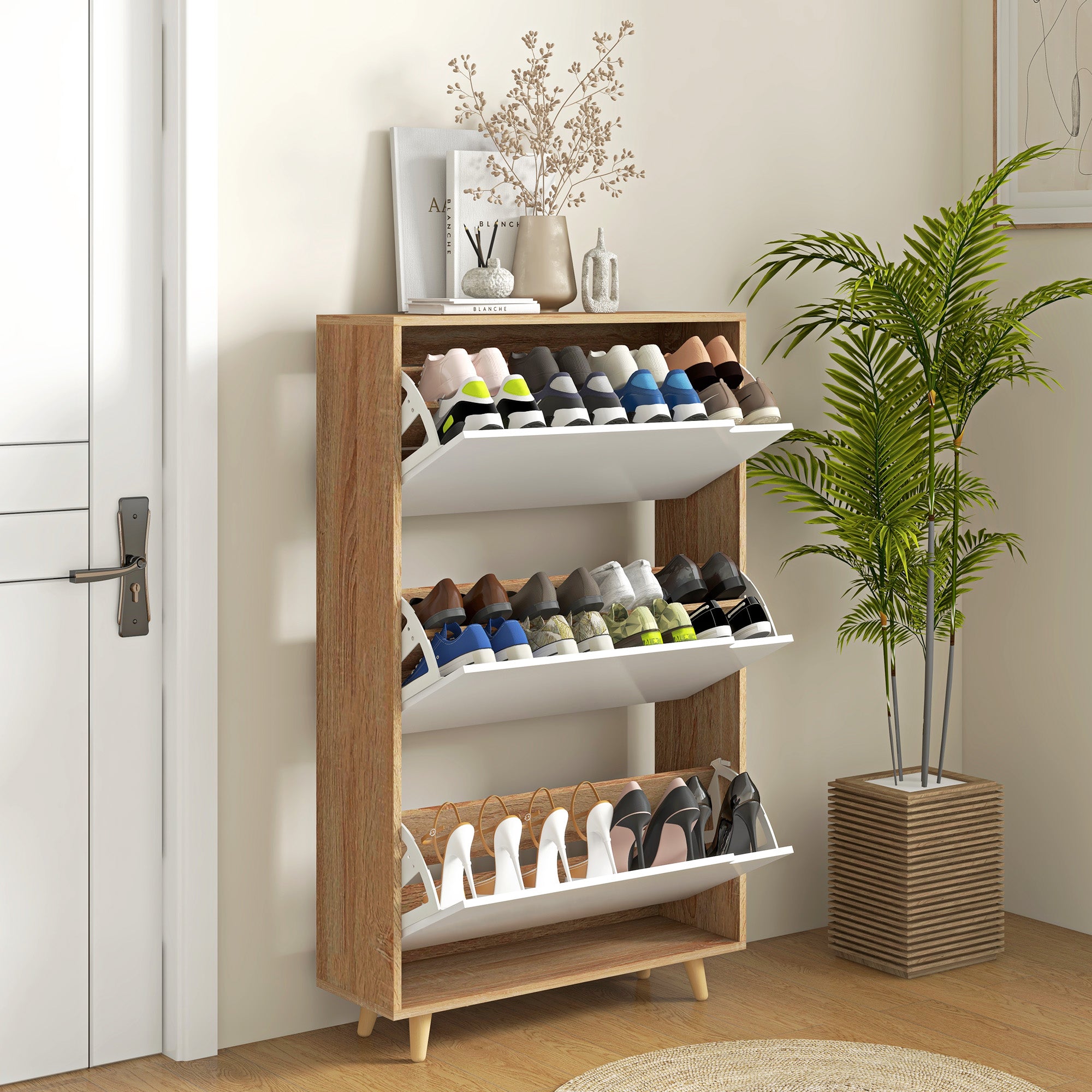 3-Door Shoe Cabinet, Shoe Rack with Adjustable Shelf, 72W x 24D x 119H cm, Natural and White