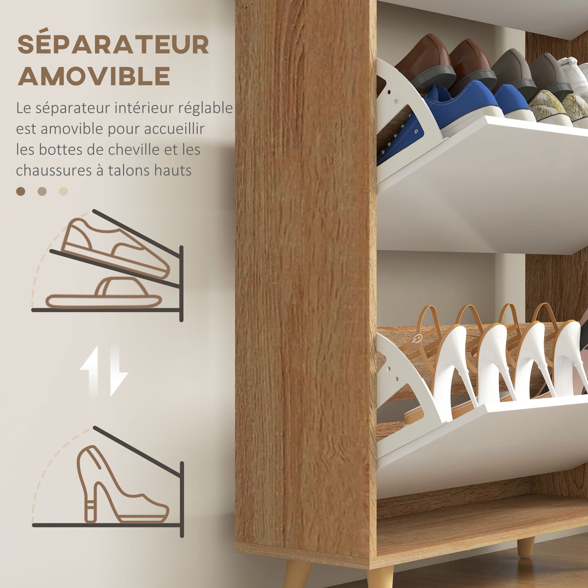 3-Door Shoe Cabinet, Shoe Rack with Adjustable Shelf, 72W x 24D x 119H cm, Natural and White