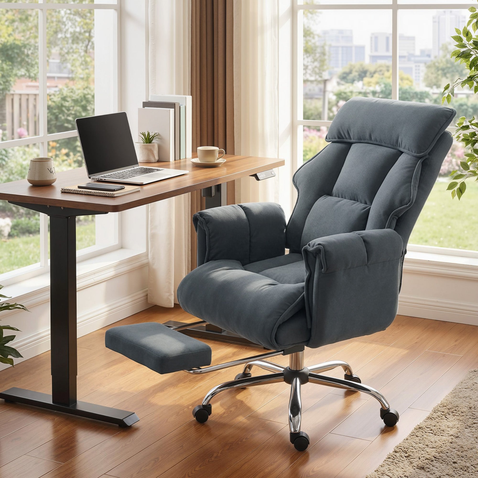 Ergonomic Office Chair with Lumbar Support, Adjustable Footrest & 360° Swivel — Padded Polar Fleece, Dark Gray