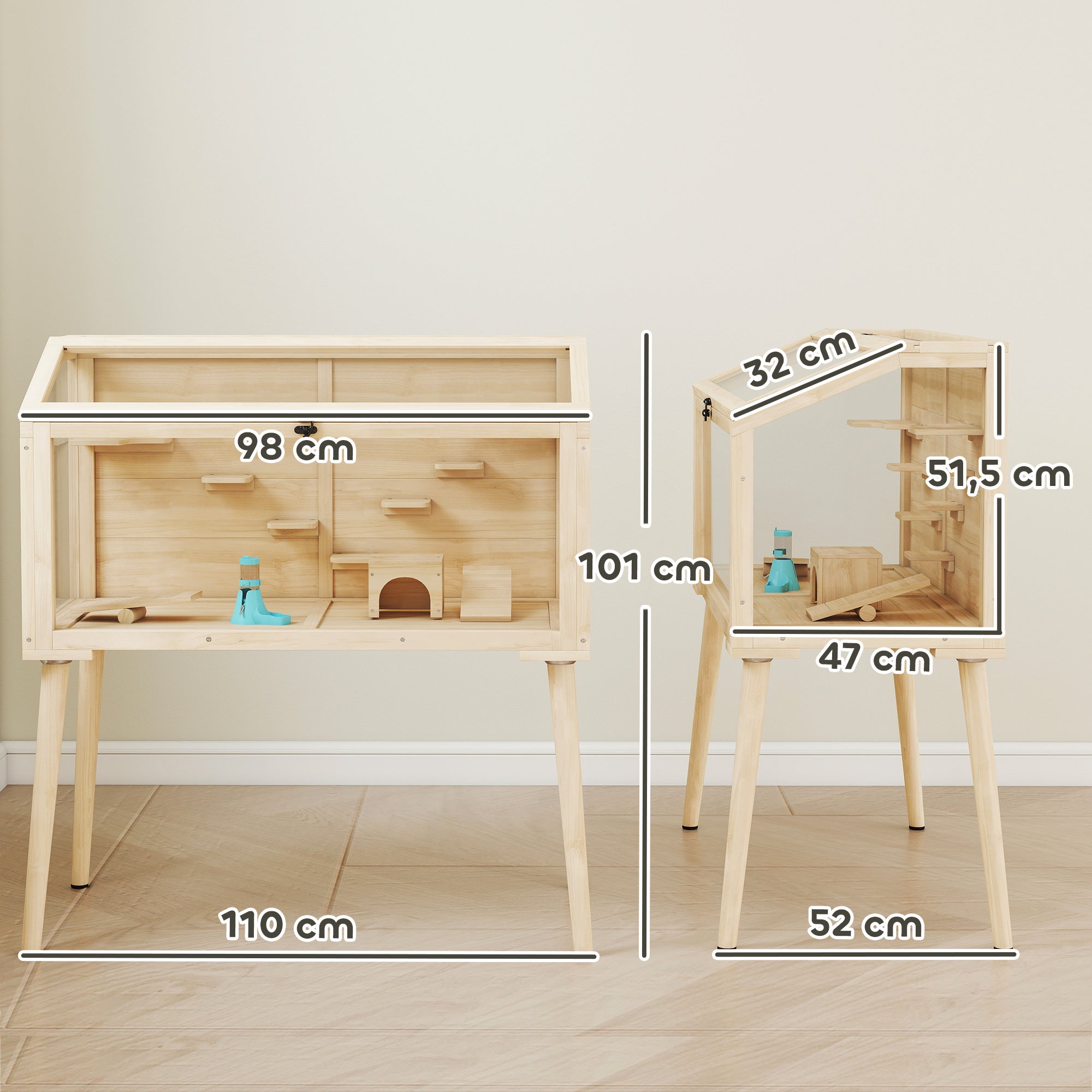 Hamster Cage — Small Animal Habitat with Accessories, Water Bottle, 43.3 x 20.5 x 39.8 in (110 x 52 x 101 cm), Wood & Plastic