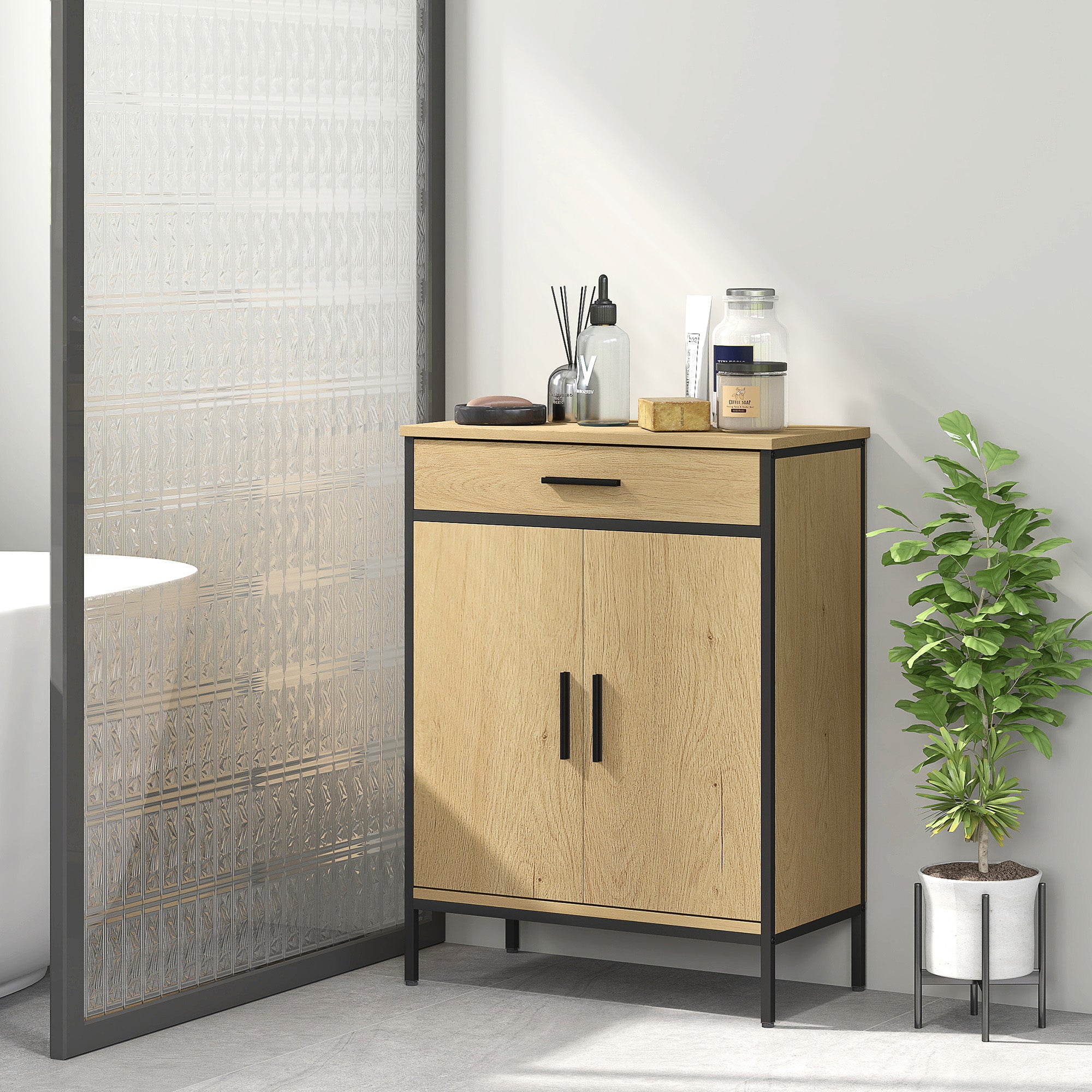 Bathroom Cabinet, Storage Cabinet with Drawer, Cupboard with Door, Adjustable Shelf and Soft-Close Hinges, Bathroom Cabinet, Kitchen, Living Room, 60 x 30 x 80 cm, Oak