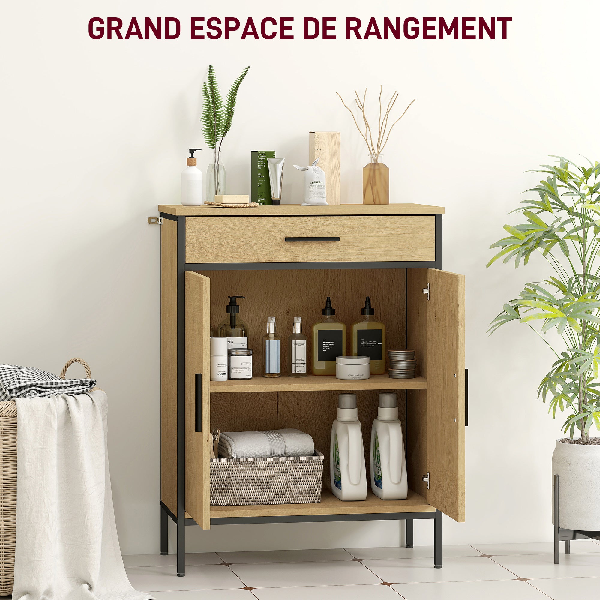 Bathroom Cabinet, Storage Cabinet with Drawer, Cupboard with Door, Adjustable Shelf and Soft-Close Hinges, Bathroom Cabinet, Kitchen, Living Room, 60 x 30 x 80 cm, Oak