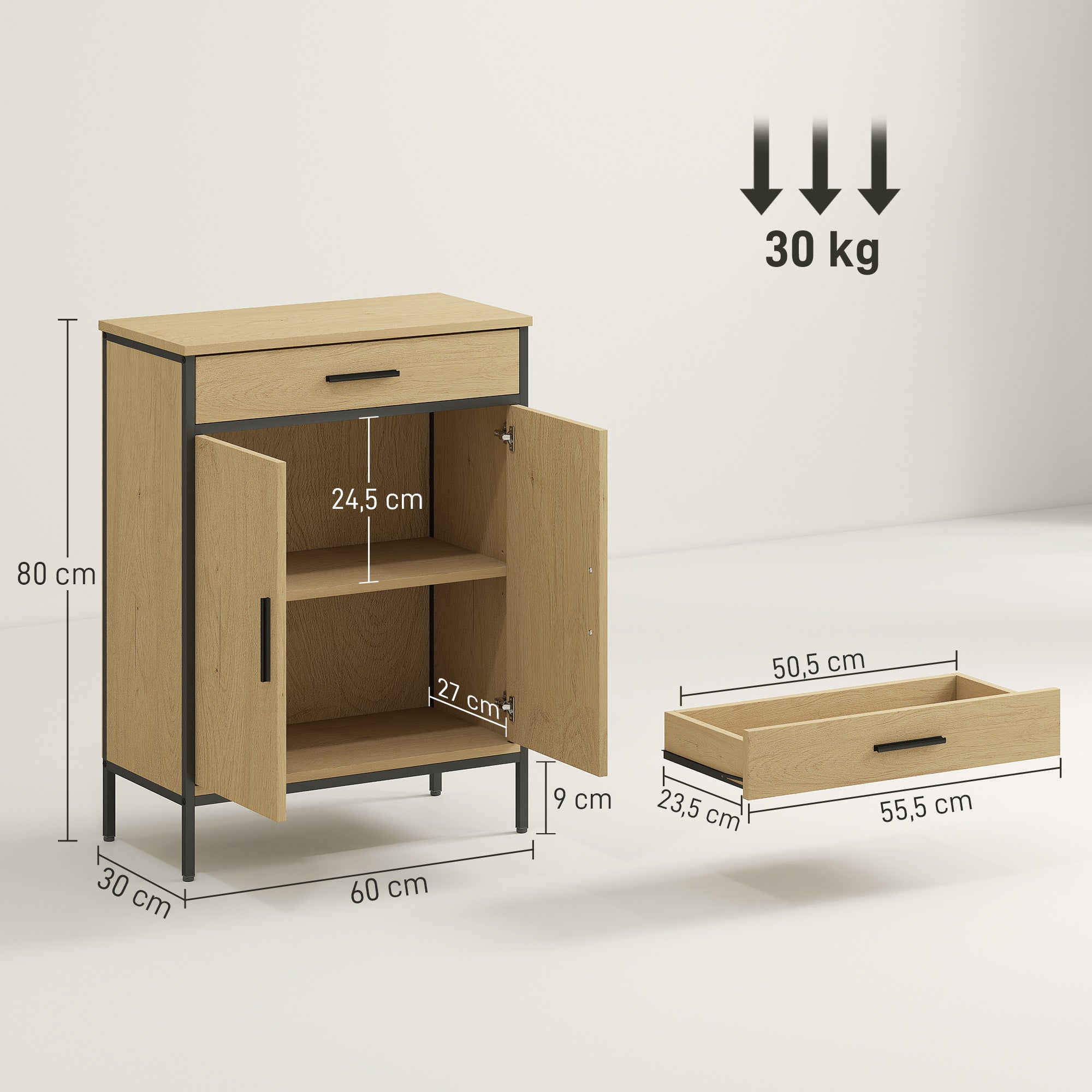 Bathroom Cabinet, Storage Cabinet with Drawer, Cupboard with Door, Adjustable Shelf and Soft-Close Hinges, Bathroom Cabinet, Kitchen, Living Room, 60 x 30 x 80 cm, Oak