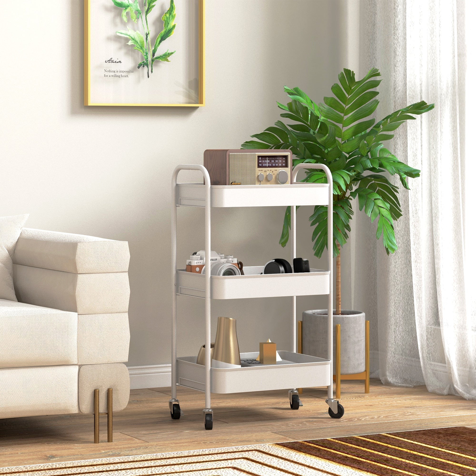 Trolley Cart with 3 Shelves, Kitchen Cart, Storage Cart, Side Table for Kitchen, Living Room, Steel, White