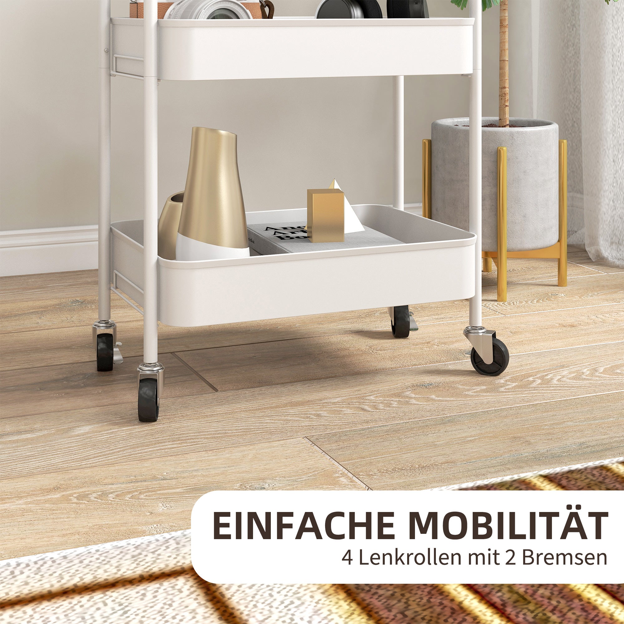 Trolley Cart with 3 Shelves, Kitchen Cart, Storage Cart, Side Table for Kitchen, Living Room, Steel, White