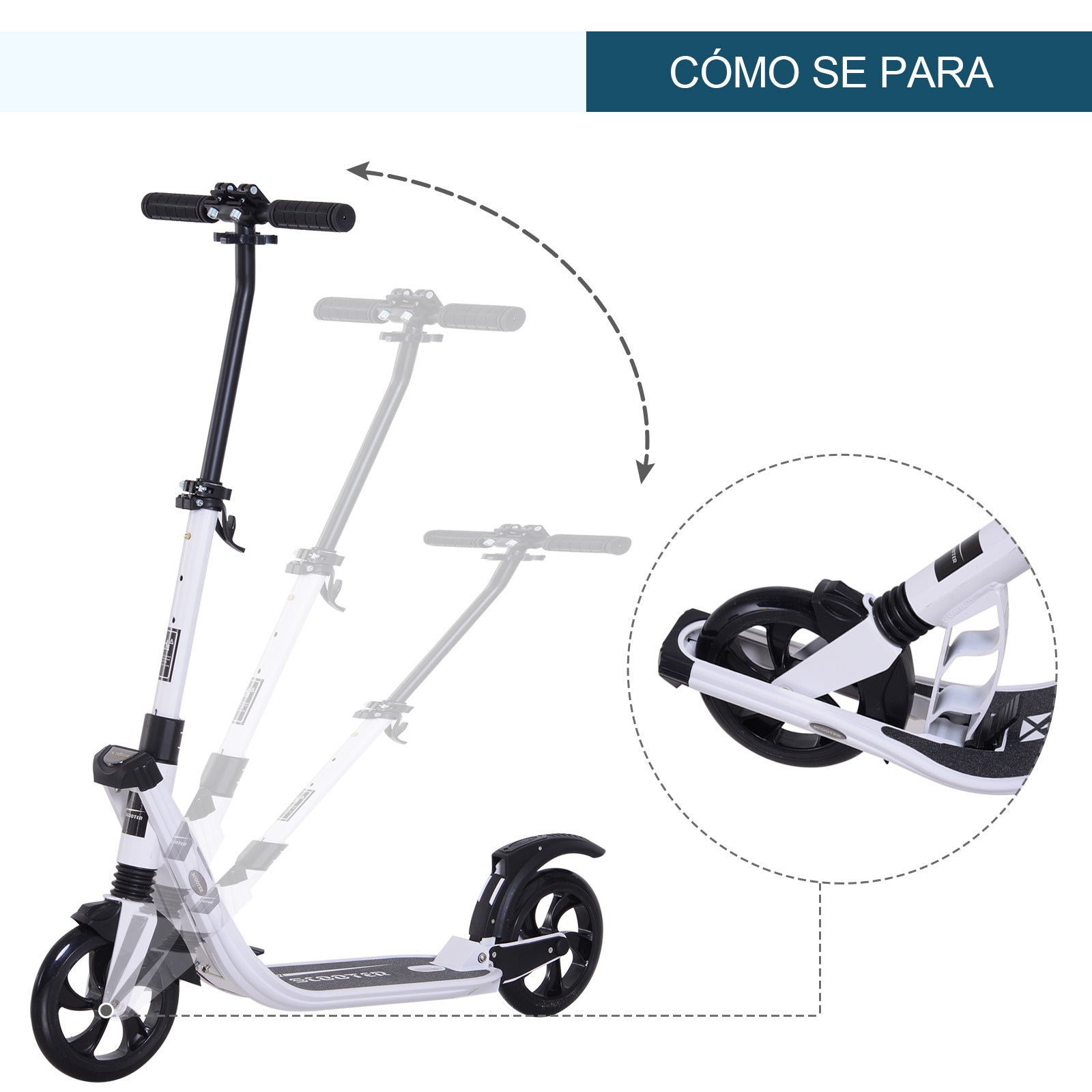 Folding Scooter for Adults and Kids 14+ Lightweight Scooter with Adjustable Handlebar Skateboard Style with Brake Big 200 mm Wheels Shock Absorber Aluminum Load 100 kg White