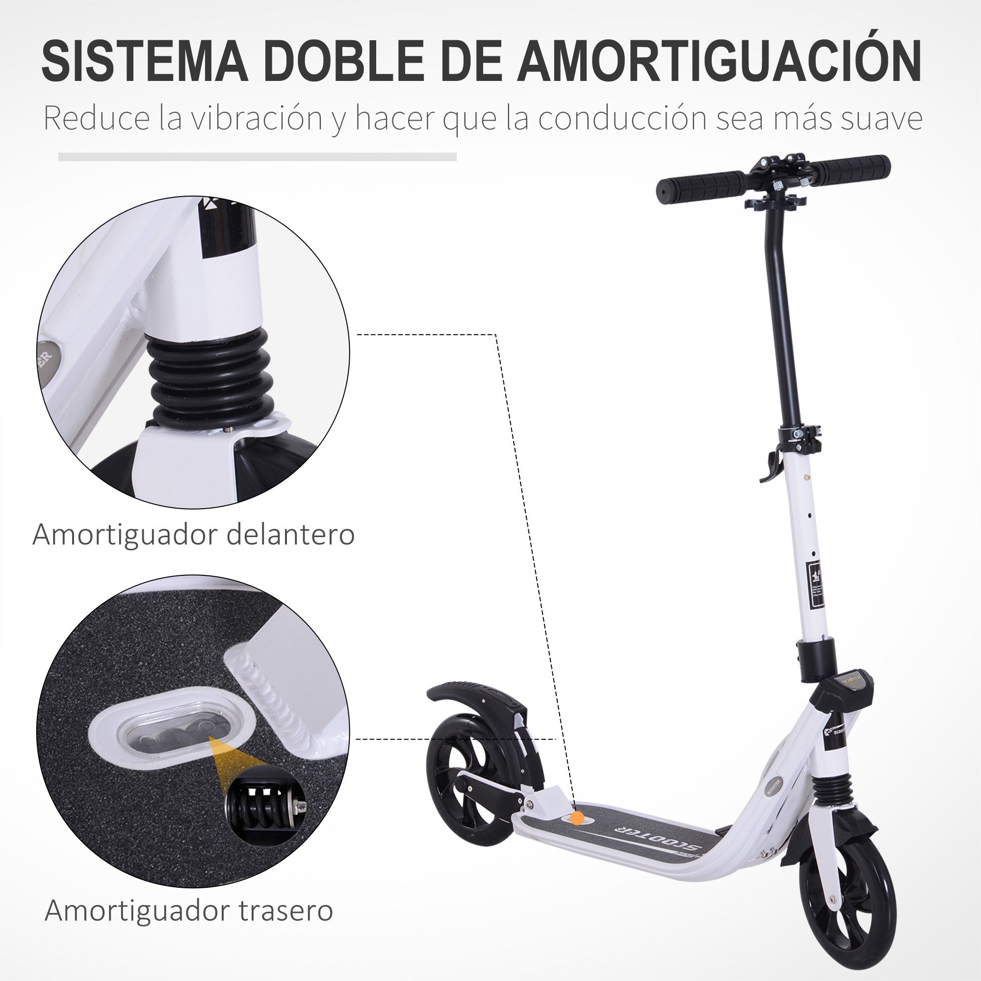 Folding Scooter for Adults and Kids 14+ Lightweight Scooter with Adjustable Handlebar Skateboard Style with Brake Big 200 mm Wheels Shock Absorber Aluminum Load 100 kg White