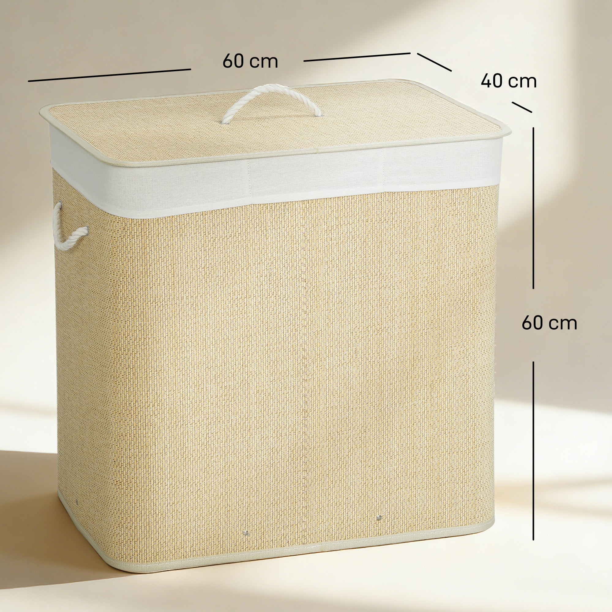 Bamboo Laundry Hamper with Lid, 144 L (≈38.1 US gal), 3-Compartment Laundry Basket, Removable Washable Liner, Handles, 23.6×15.7×23.6 in, Cream