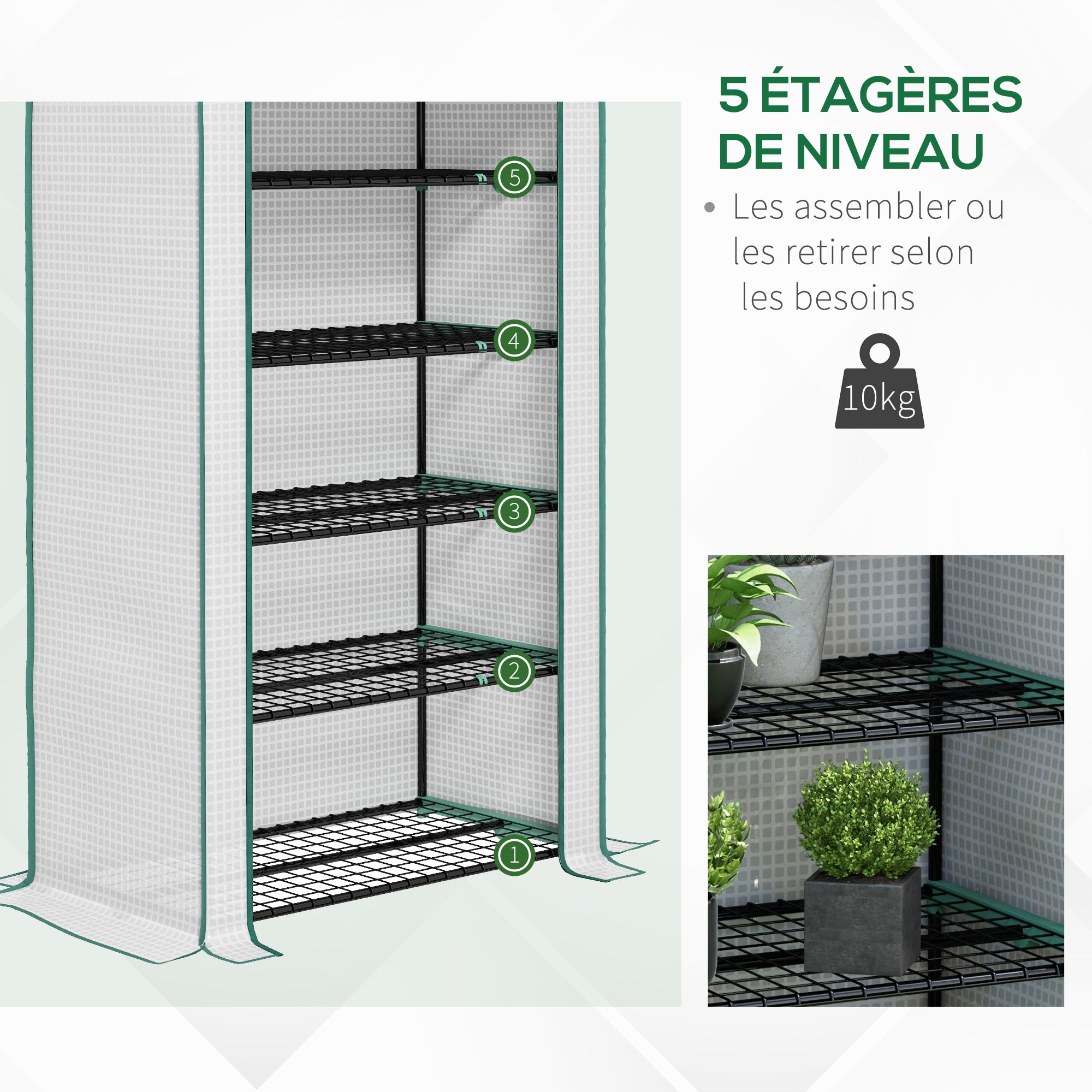 Garden Greenhouse with 5 Shelves, Balcony Greenhouse, Reinforced 135 g/m² Tarpaulin, Steel Frame, Roll-Up Zippered Door, for Vegetables Plants Flowers, 90x49x193cm, White