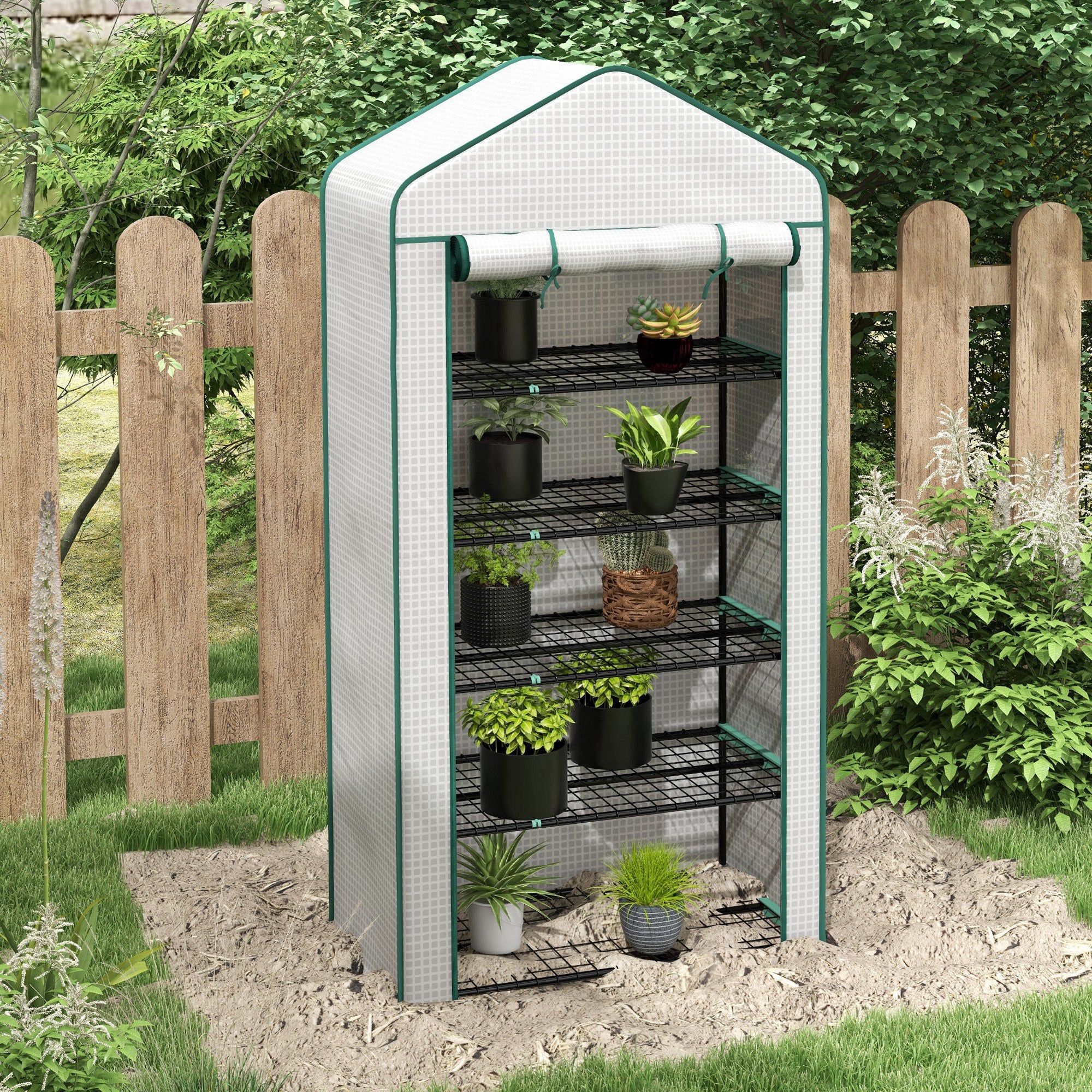 Garden Greenhouse with 5 Shelves, Balcony Greenhouse, Reinforced 135 g/m² Tarpaulin, Steel Frame, Roll-Up Zippered Door, for Vegetables Plants Flowers, 90x49x193cm, White