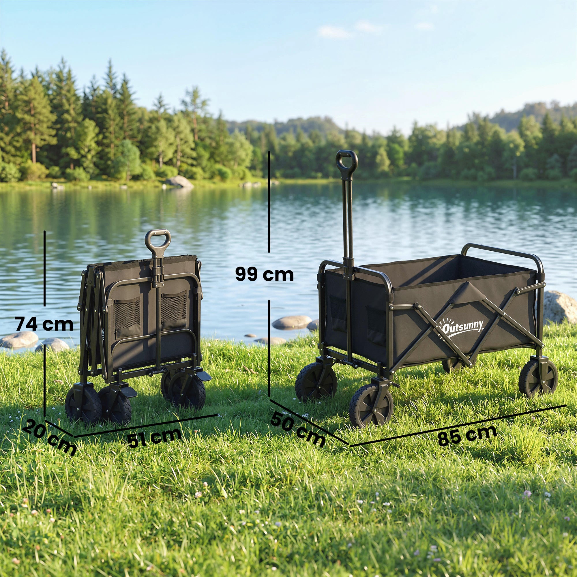 Folding Beach Wagon with Locking Large Wheels, Adjustable Handle, Cup Holder, Metal Frame — 176 lb Capacity, Black