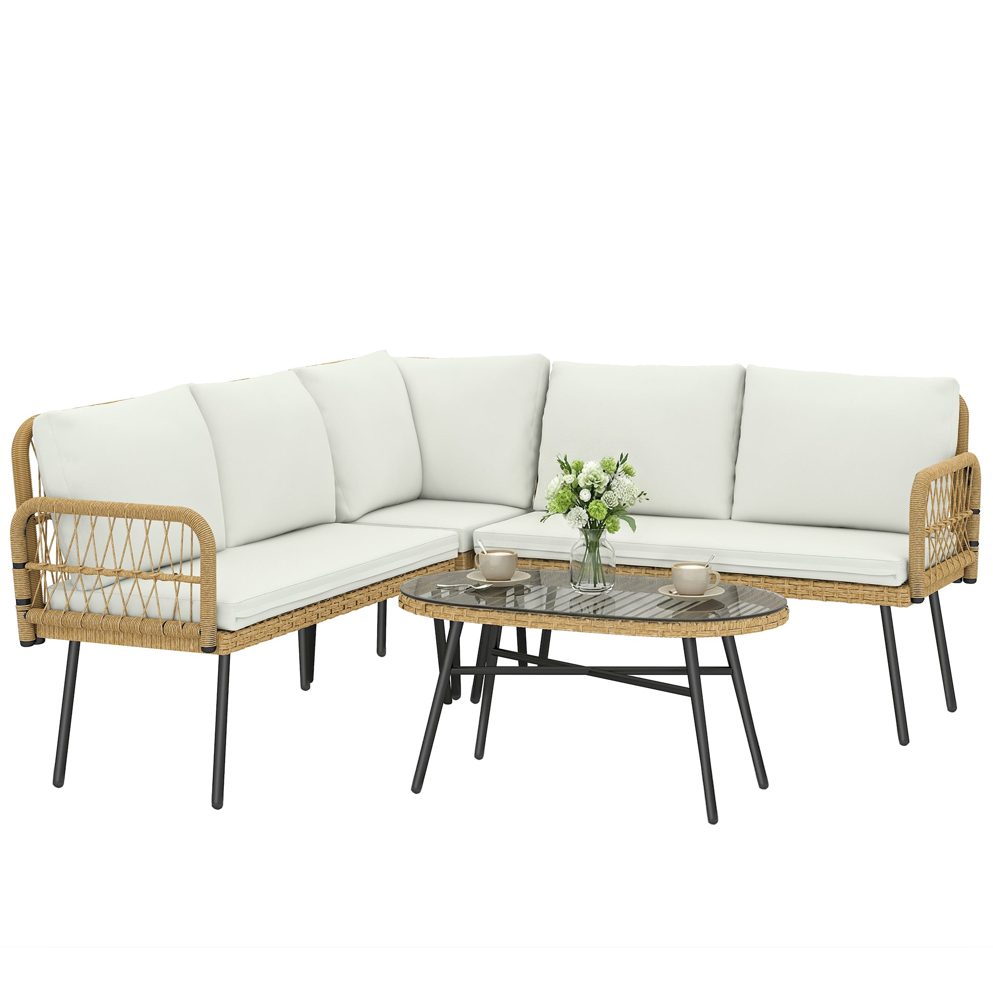 4-Piece PE Rattan Outdoor Lounge Set with Corner Sofa, Two Two-Seaters & Glass Coffee Table, Removable Cushion Covers, Seats up to 5, Cream White