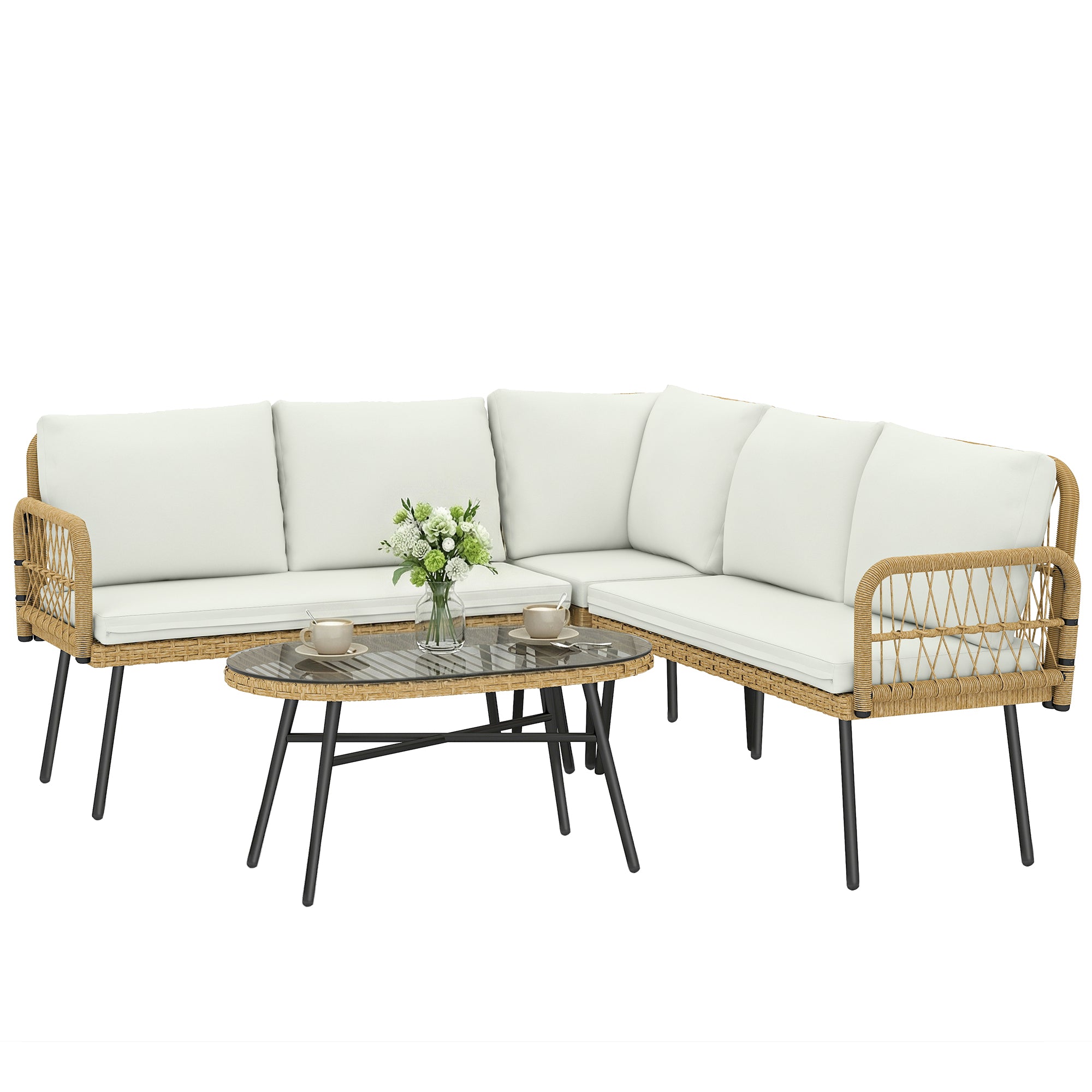 4-Piece PE Rattan Outdoor Lounge Set with Corner Sofa, Two Two-Seaters & Glass Coffee Table, Removable Cushion Covers, Seats up to 5, Cream White