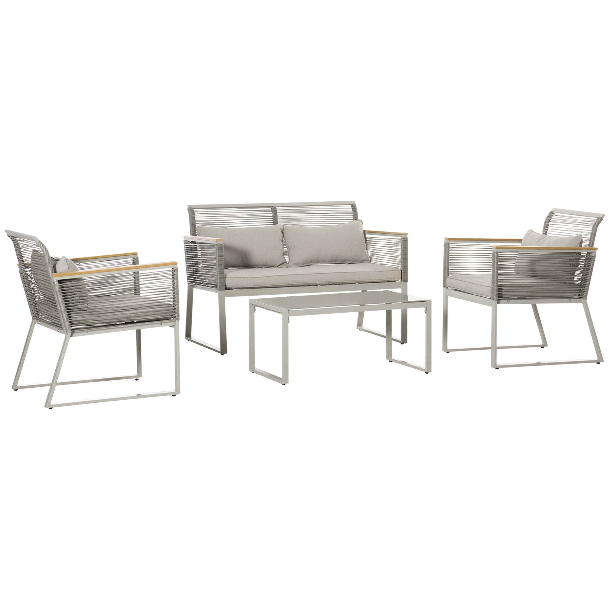 4-Piece Rattan Garden Furniture Set Double Sofa 2 Single Armchairs and Glass Coffee Table with Removable Cushions for Outdoor Terrace Gray