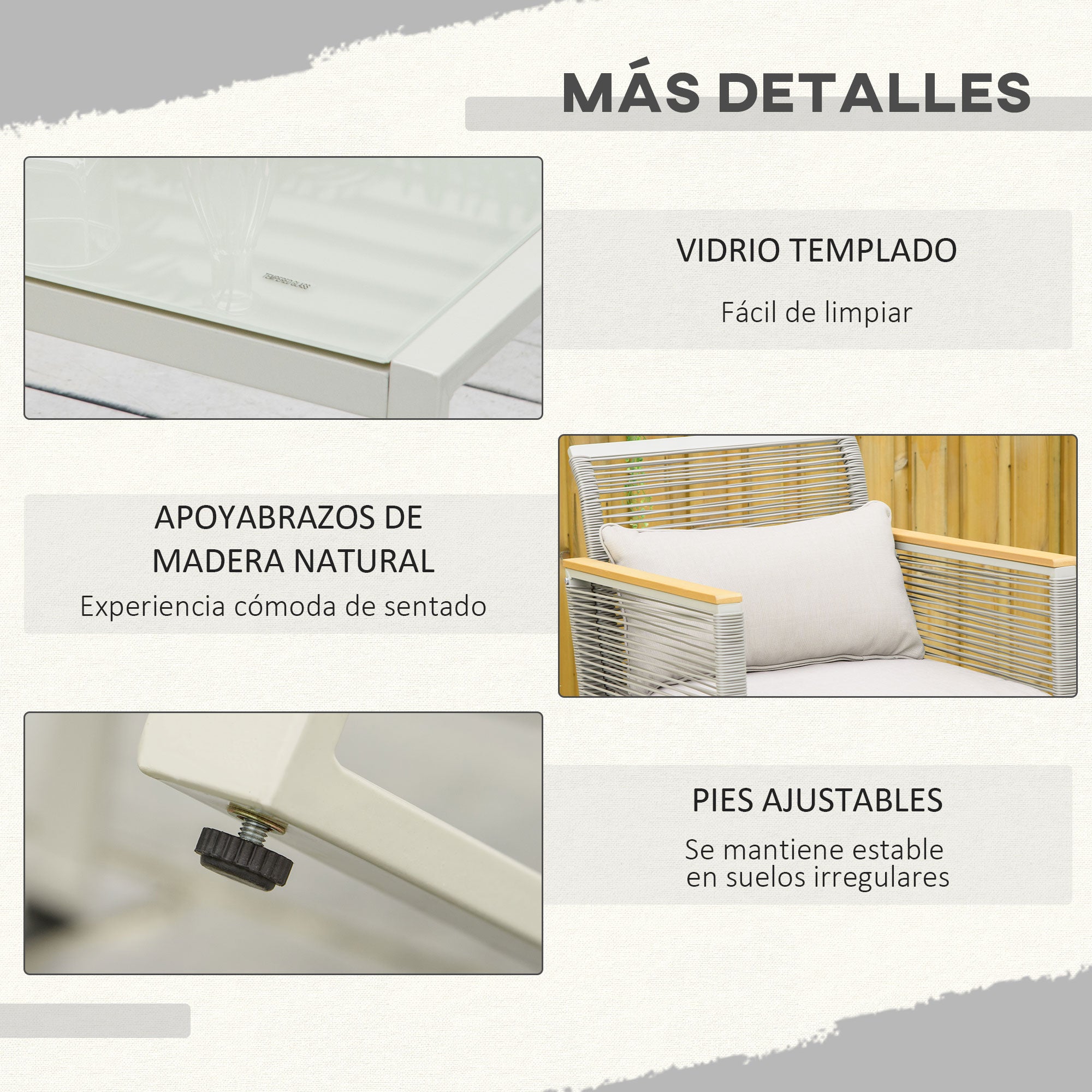 4-Piece Rattan Garden Furniture Set Double Sofa 2 Single Armchairs and Glass Coffee Table with Removable Cushions for Outdoor Terrace Gray