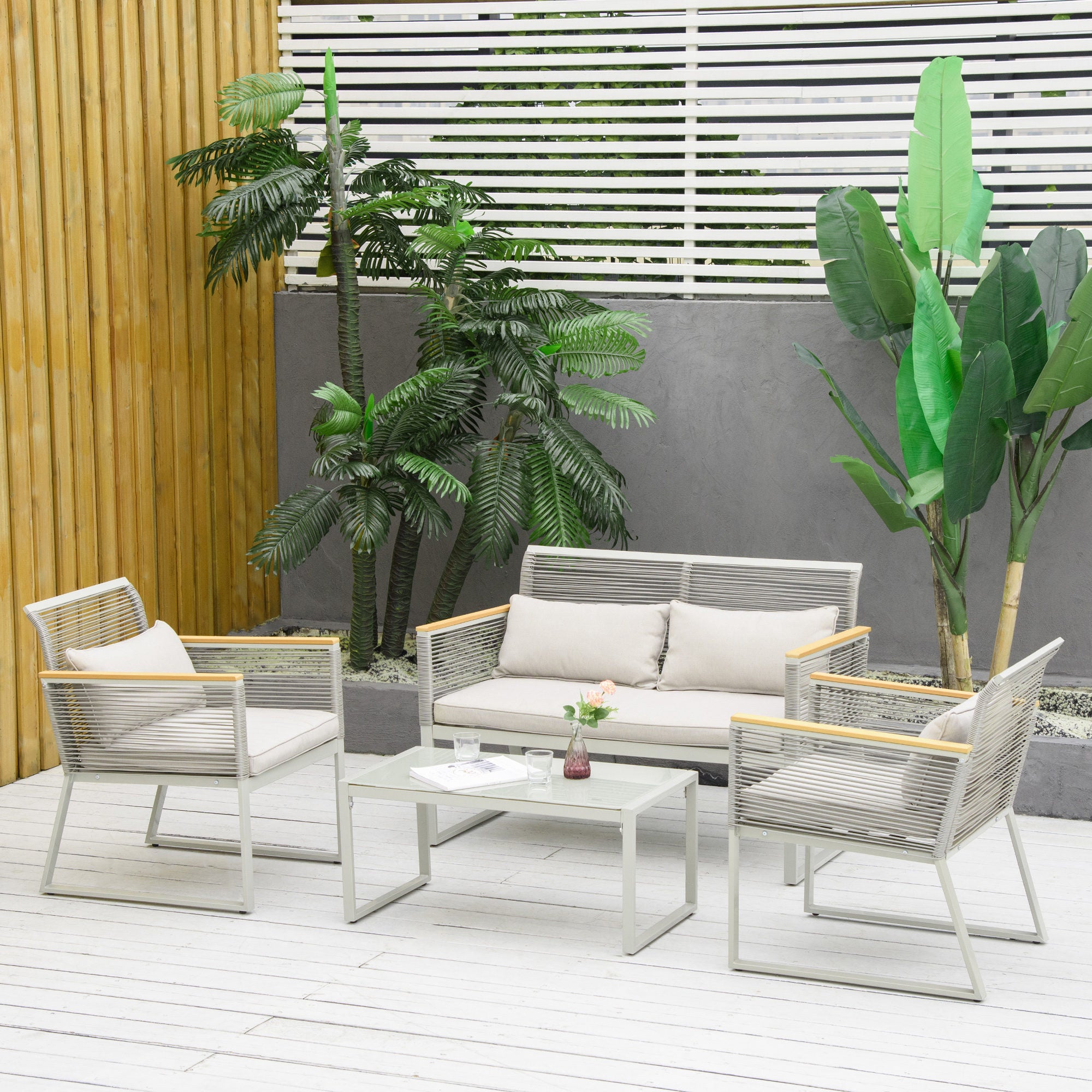 4-Piece Rattan Garden Furniture Set Double Sofa 2 Single Armchairs and Glass Coffee Table with Removable Cushions for Outdoor Terrace Gray