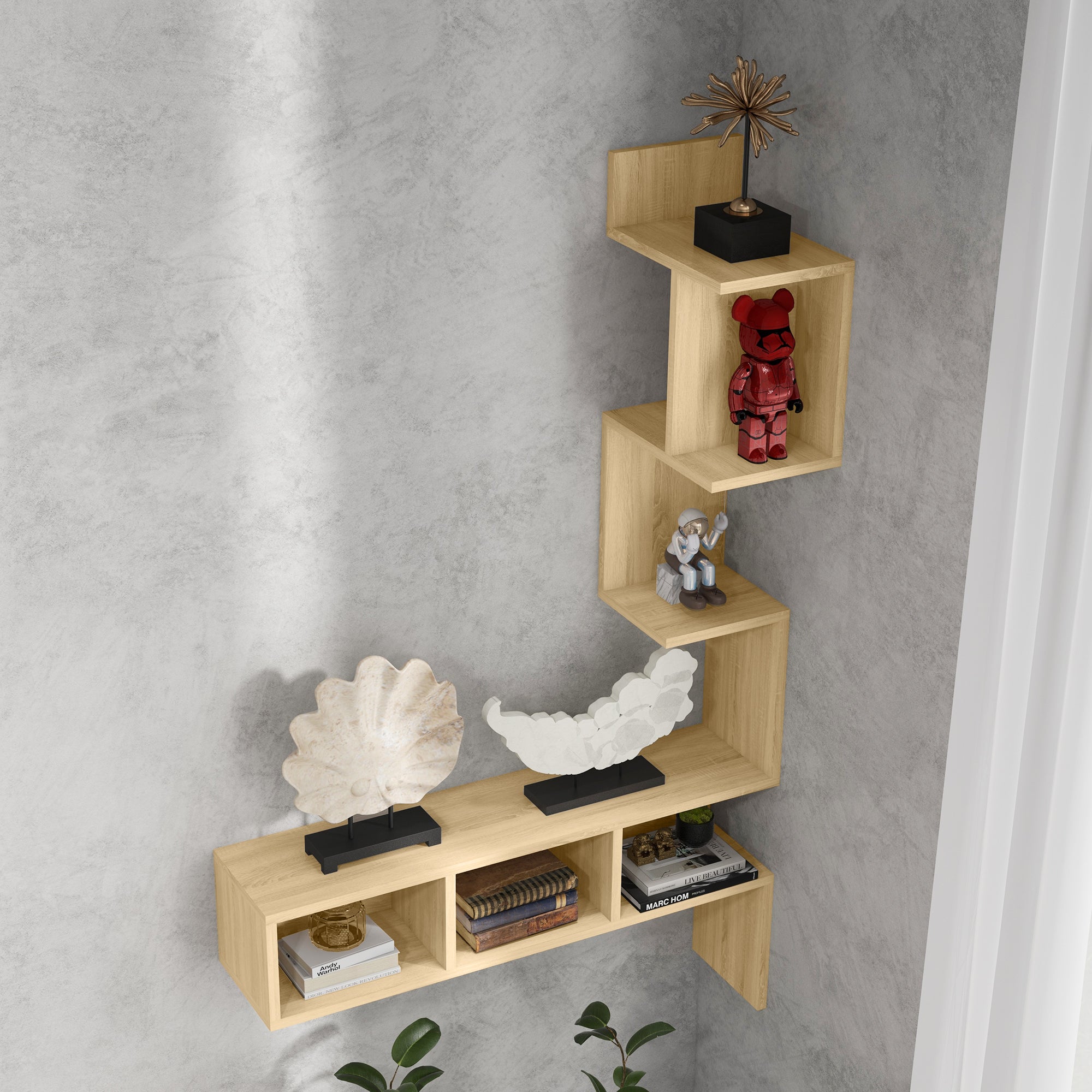 Wall Shelf in MDF with Open Shelves for Living Room and Bedroom, 80x20x128.5 cm, Oak color